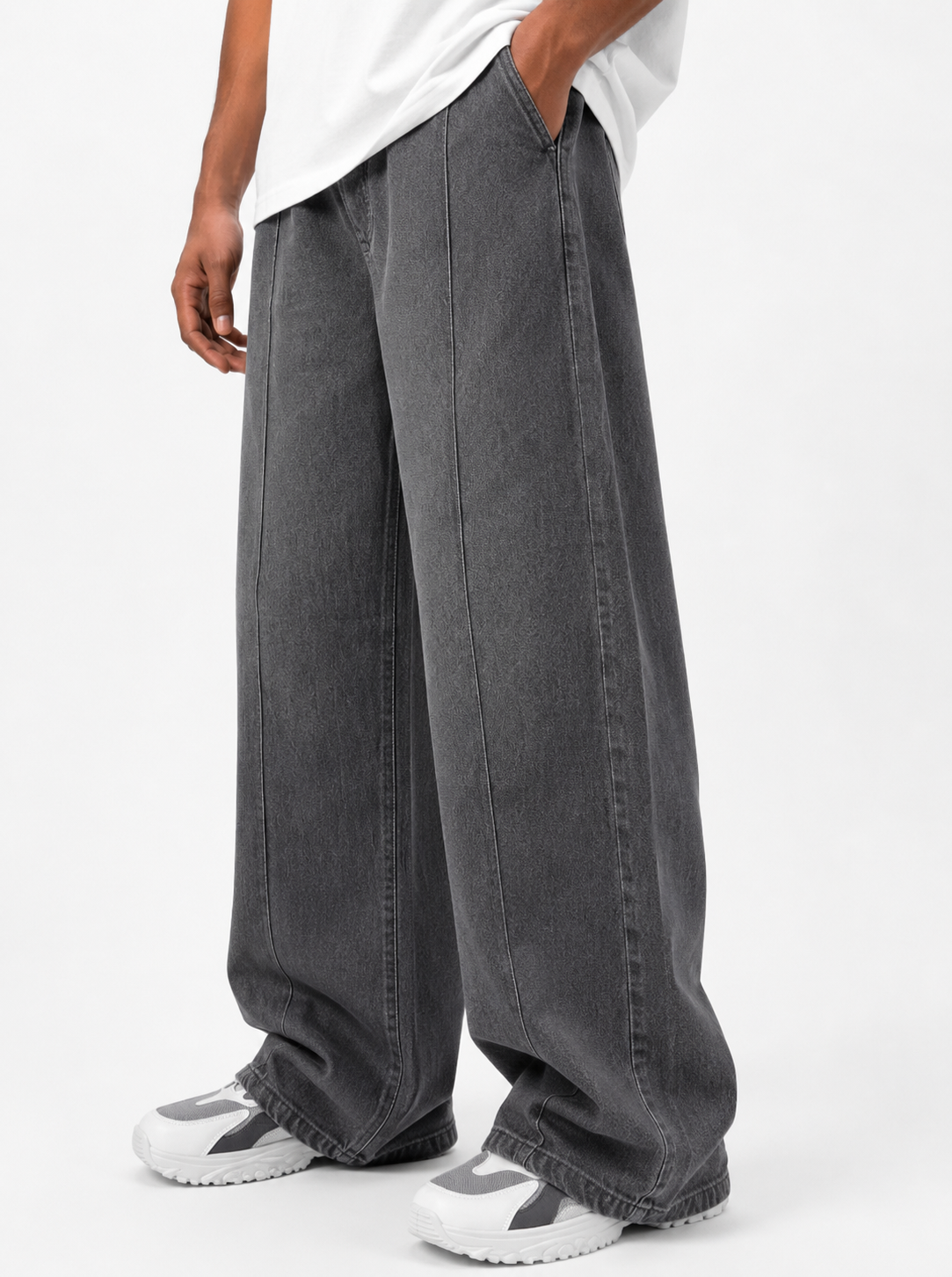 PLATTED ANTIQUE GRAY DENIM TROUSER Main image