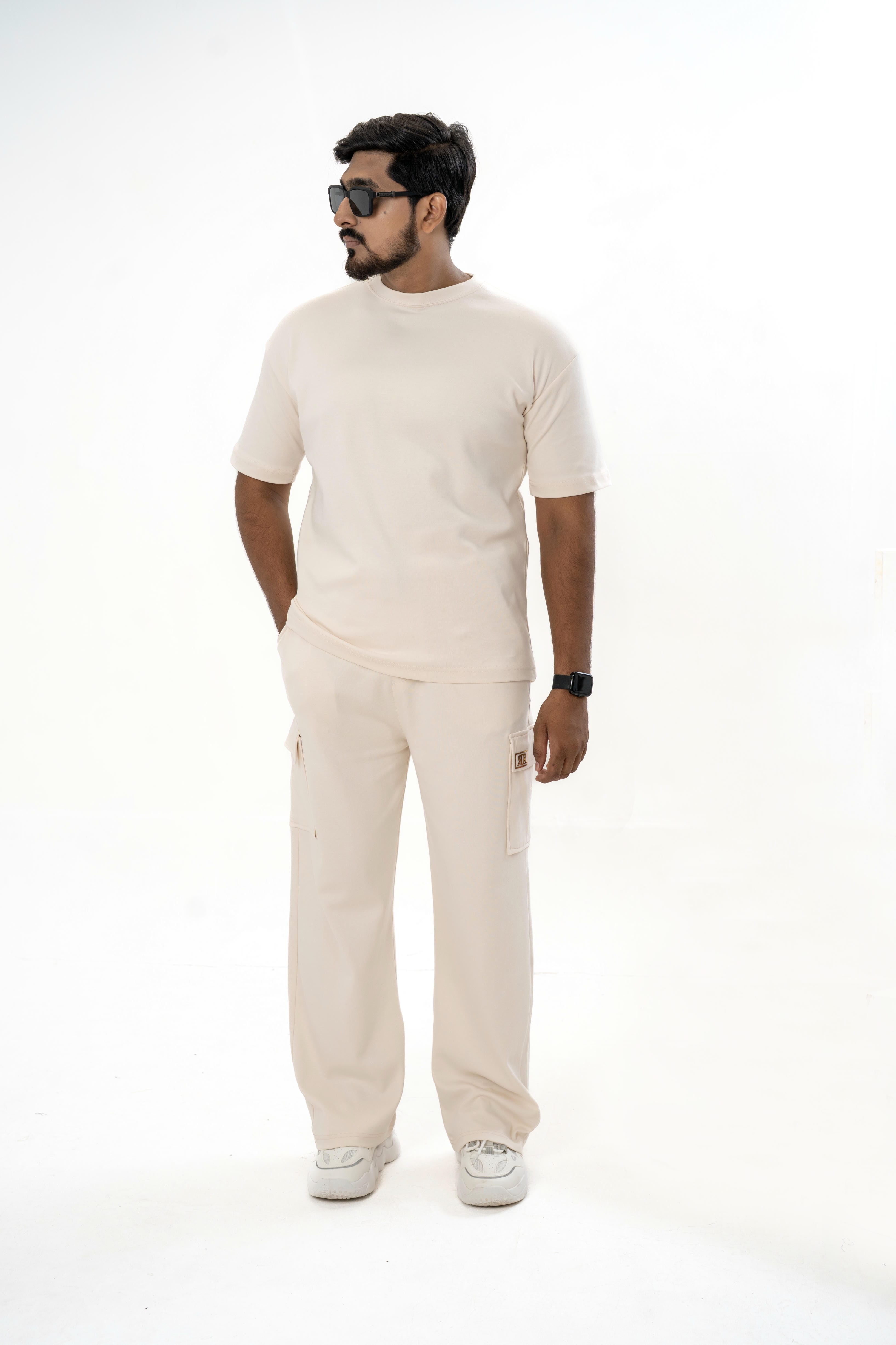 Men's Drop-Shoulder T-Shirt – Oatmeal with Back Logo