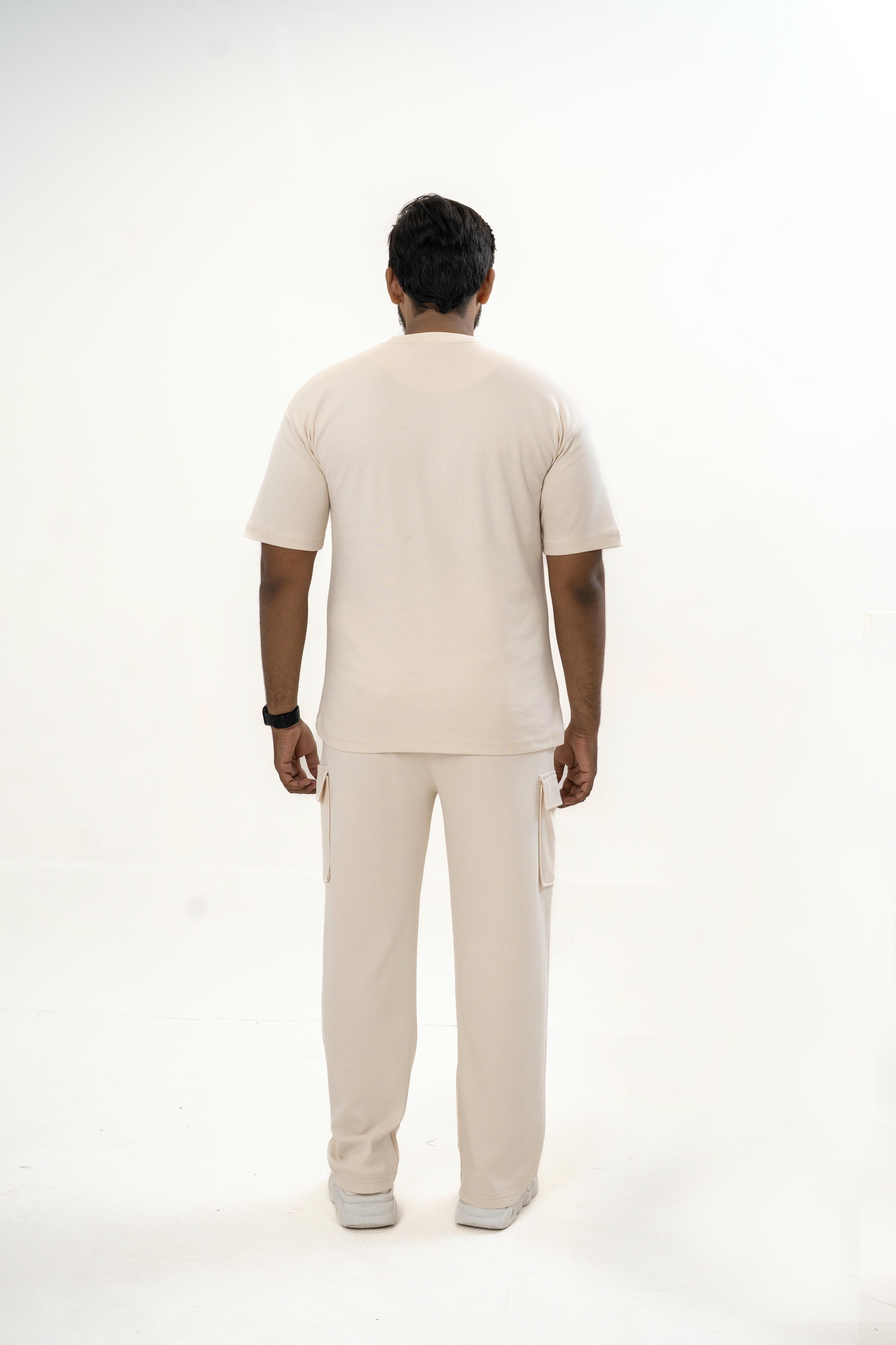 Men's Drop-Shoulder T-Shirt – Oatmeal with Front Logo