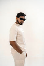 Men's Drop-Shoulder T-Shirt – Oatmeal with Front Logo