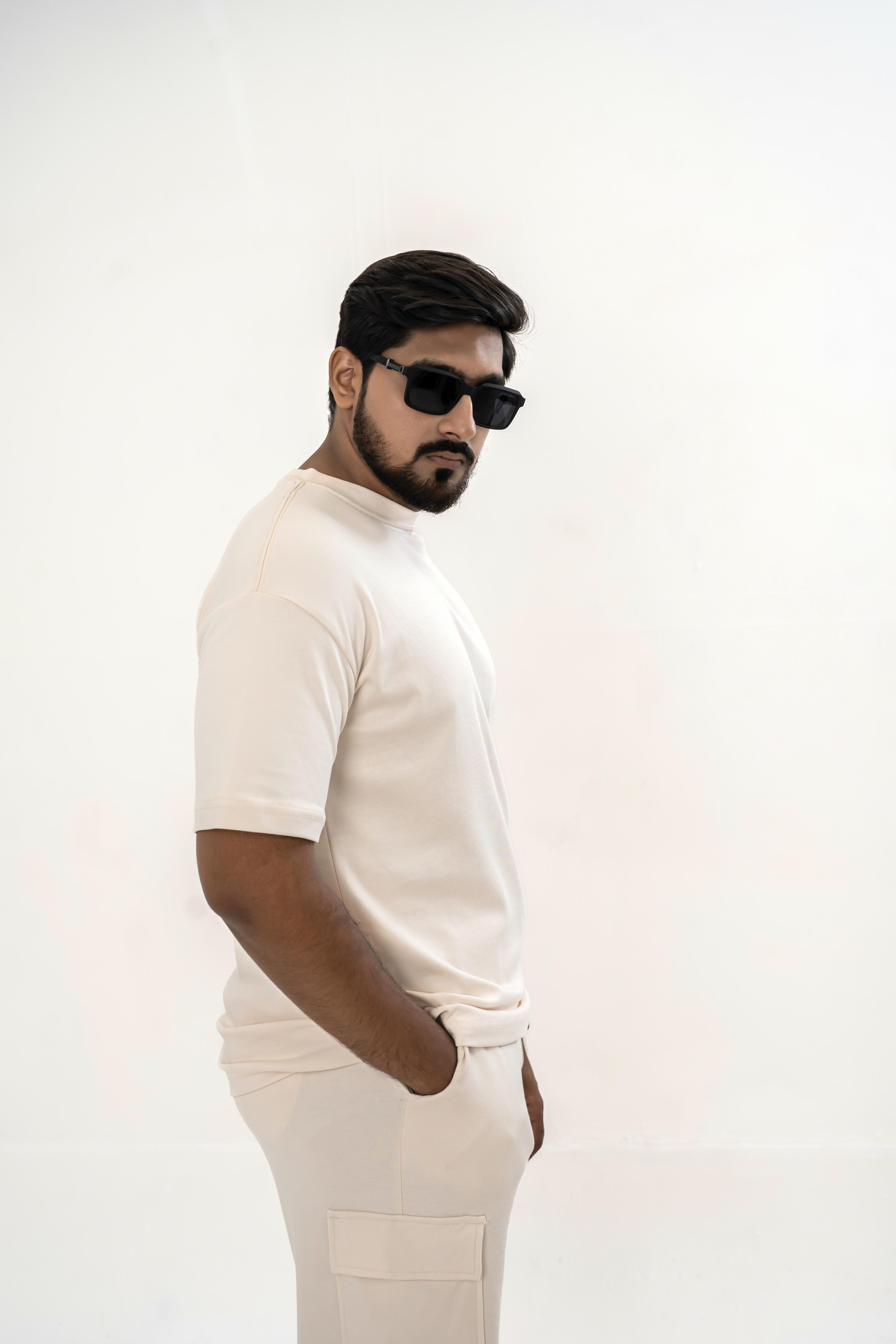 Men's Drop-Shoulder T-Shirt – Oatmeal with Back Logo Main image