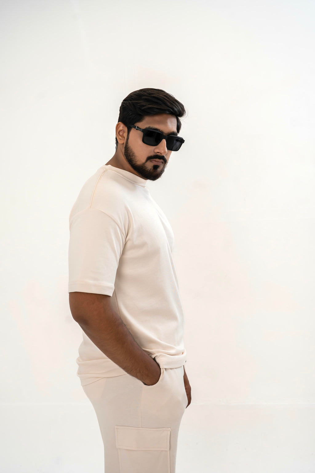 Men's Drop-Shoulder T-Shirt – Oatmeal with Back Logo