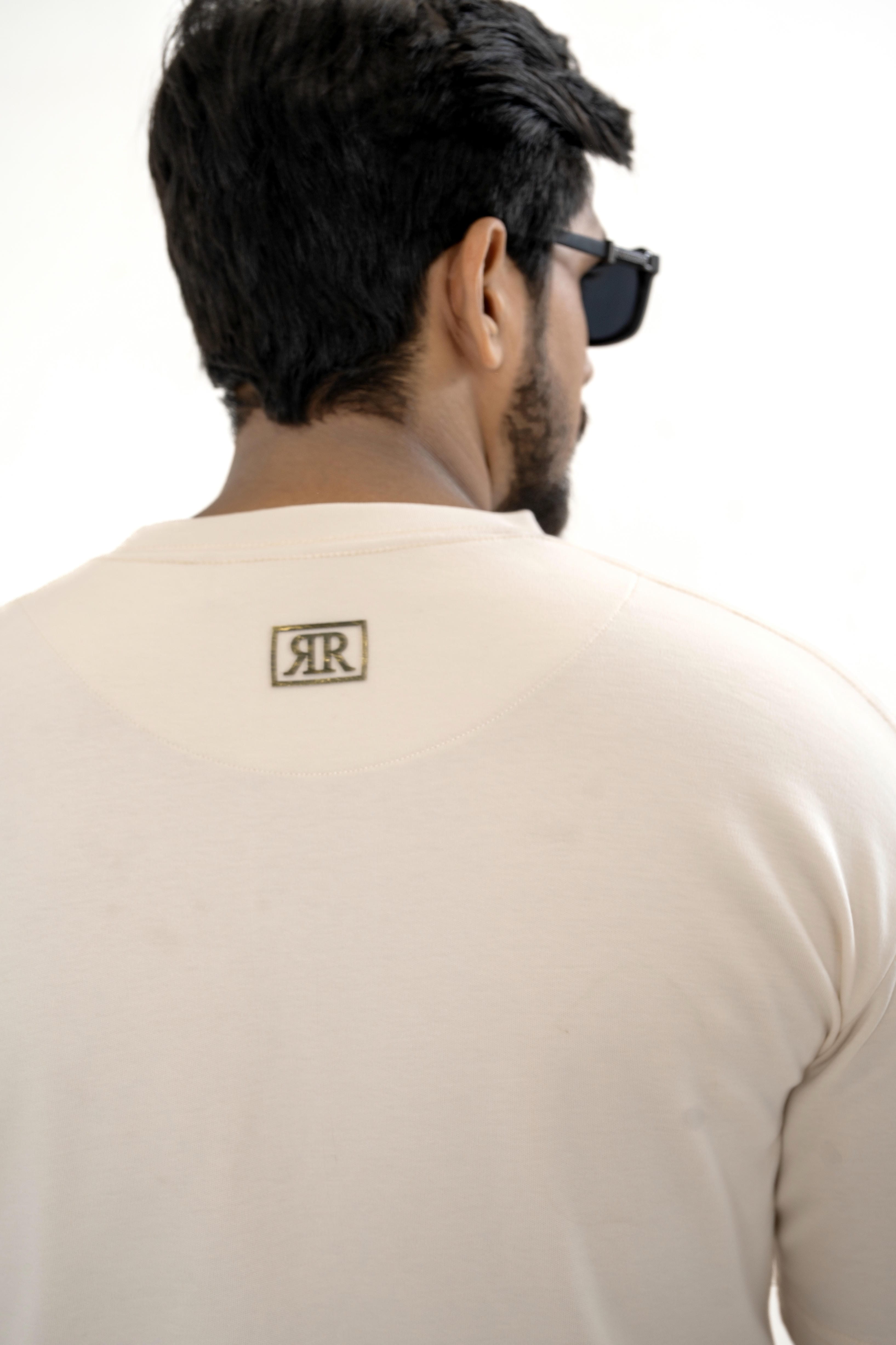 Men's Drop-Shoulder T-Shirt – Oatmeal with Back Logo Secondary image