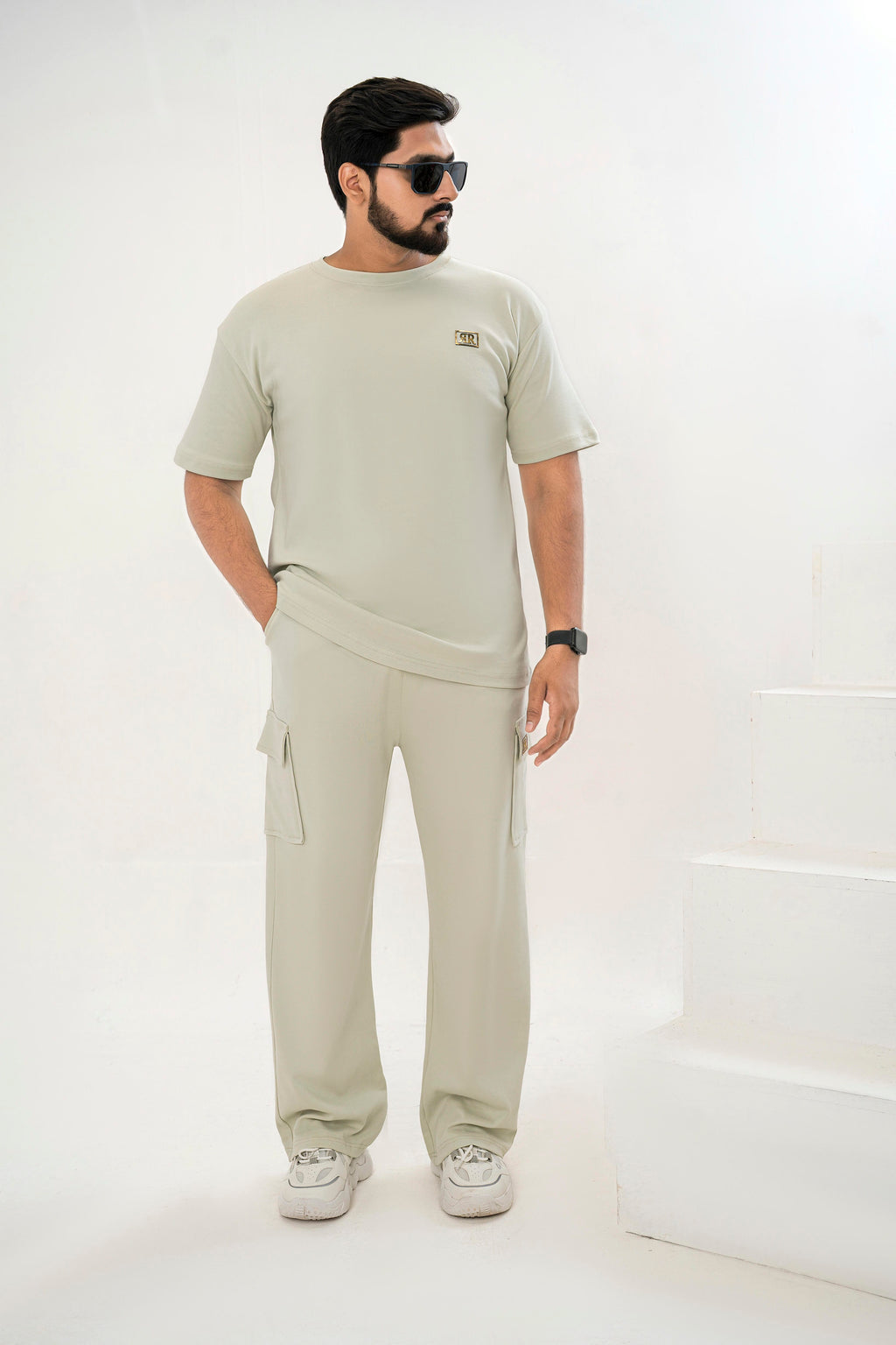 Men's Drop-Shoulder T-Shirt – SAGE  GREEN with Front Logo
