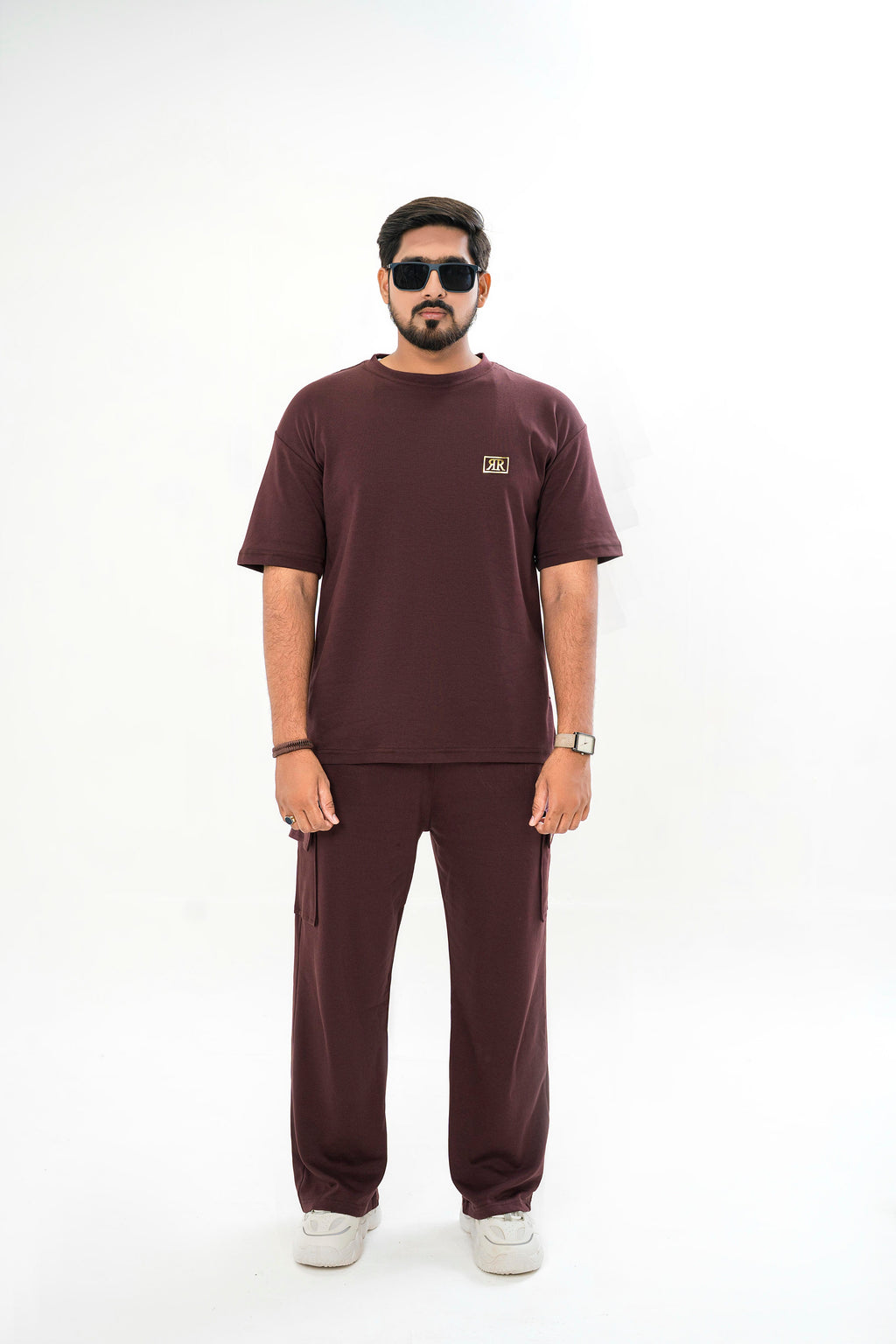 Men's Drop-Shoulder T-Shirt – Maroon with Front Logo