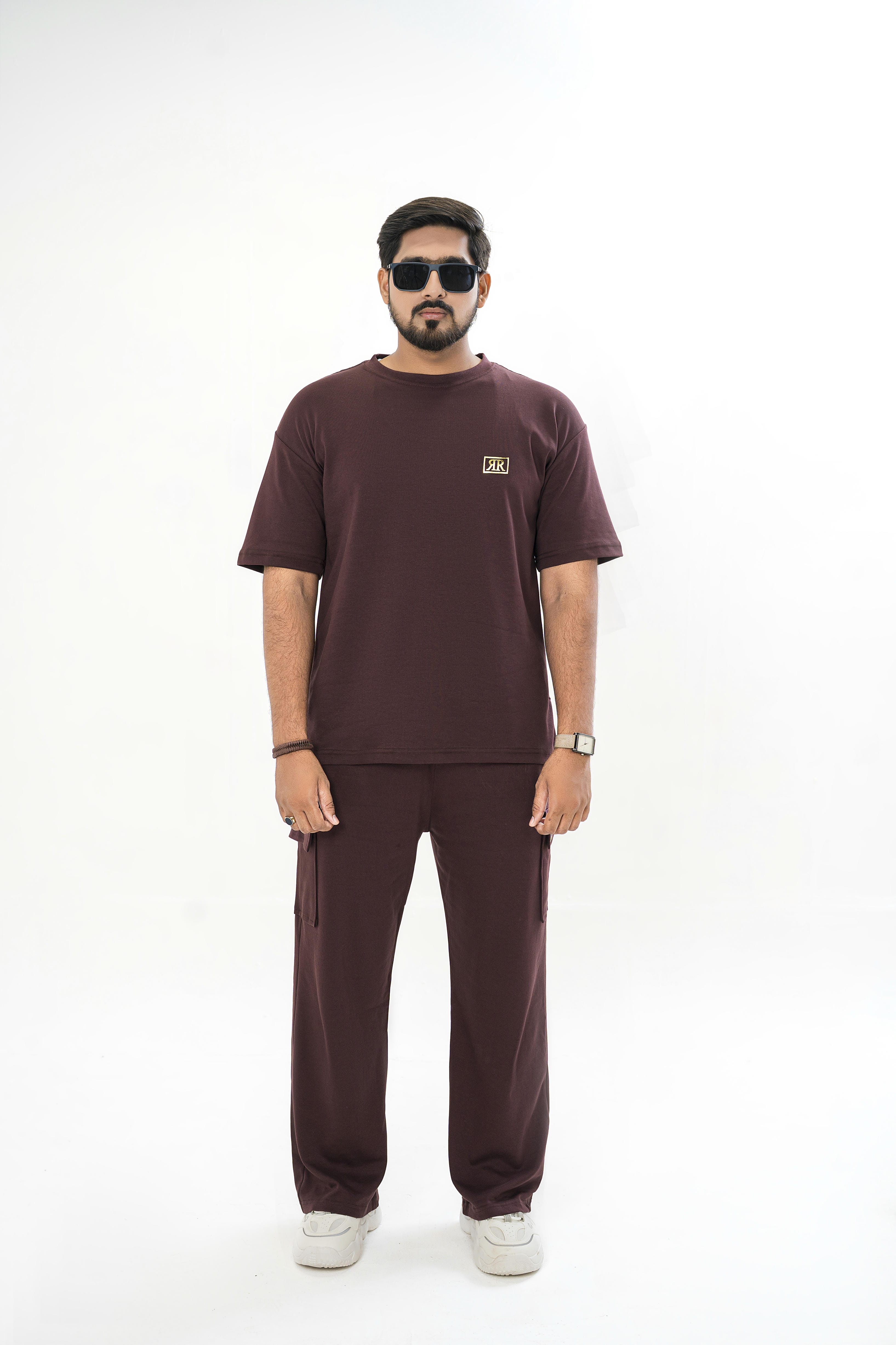 Men's Drop-Shoulder T-Shirt – Maroon with Front Logo