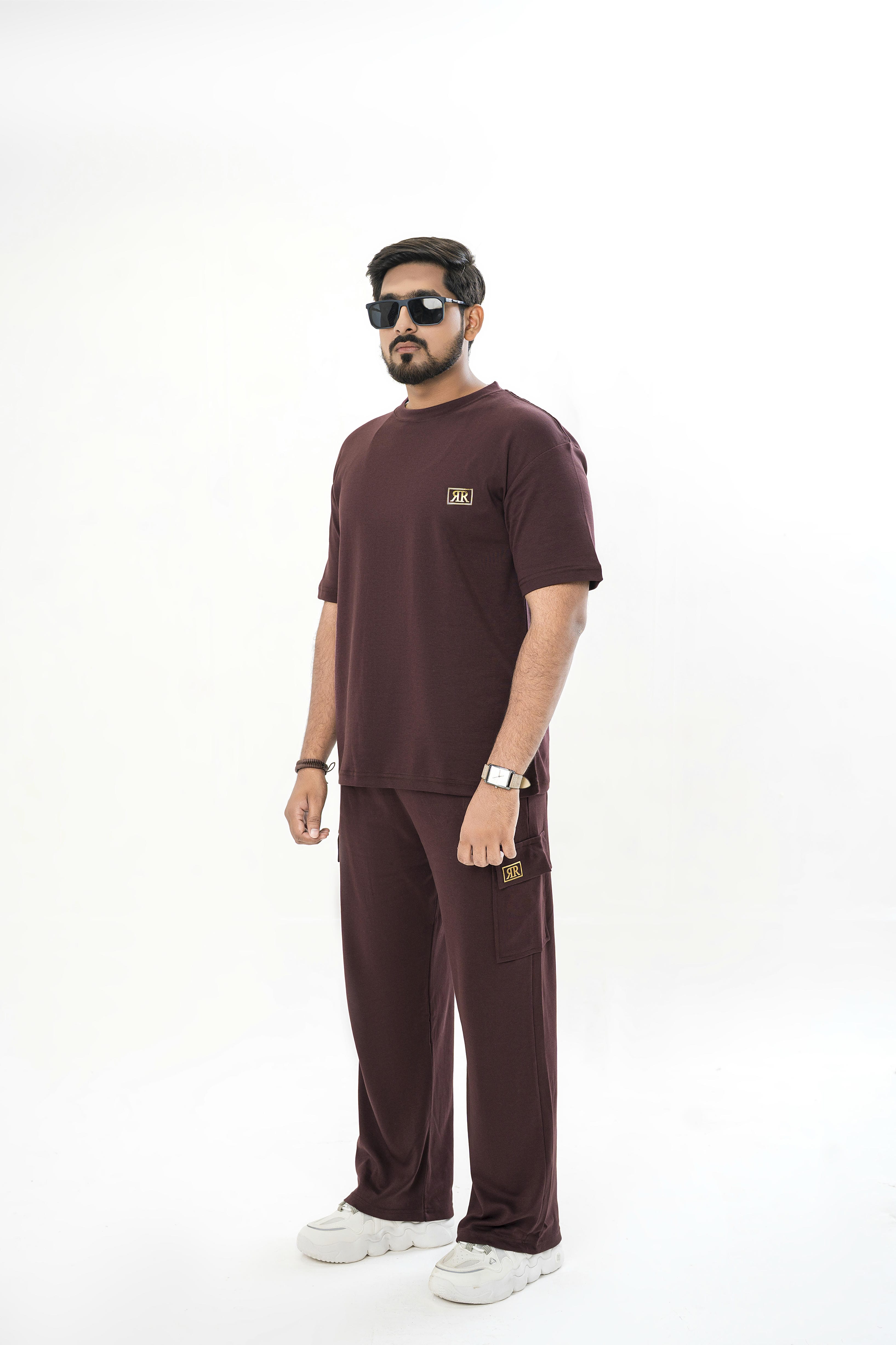 Men's Drop-Shoulder T-Shirt – Maroon with Front Logo