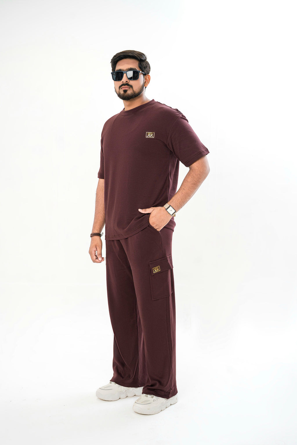 Men's Drop-Shoulder T-Shirt – Maroon with Front Logo