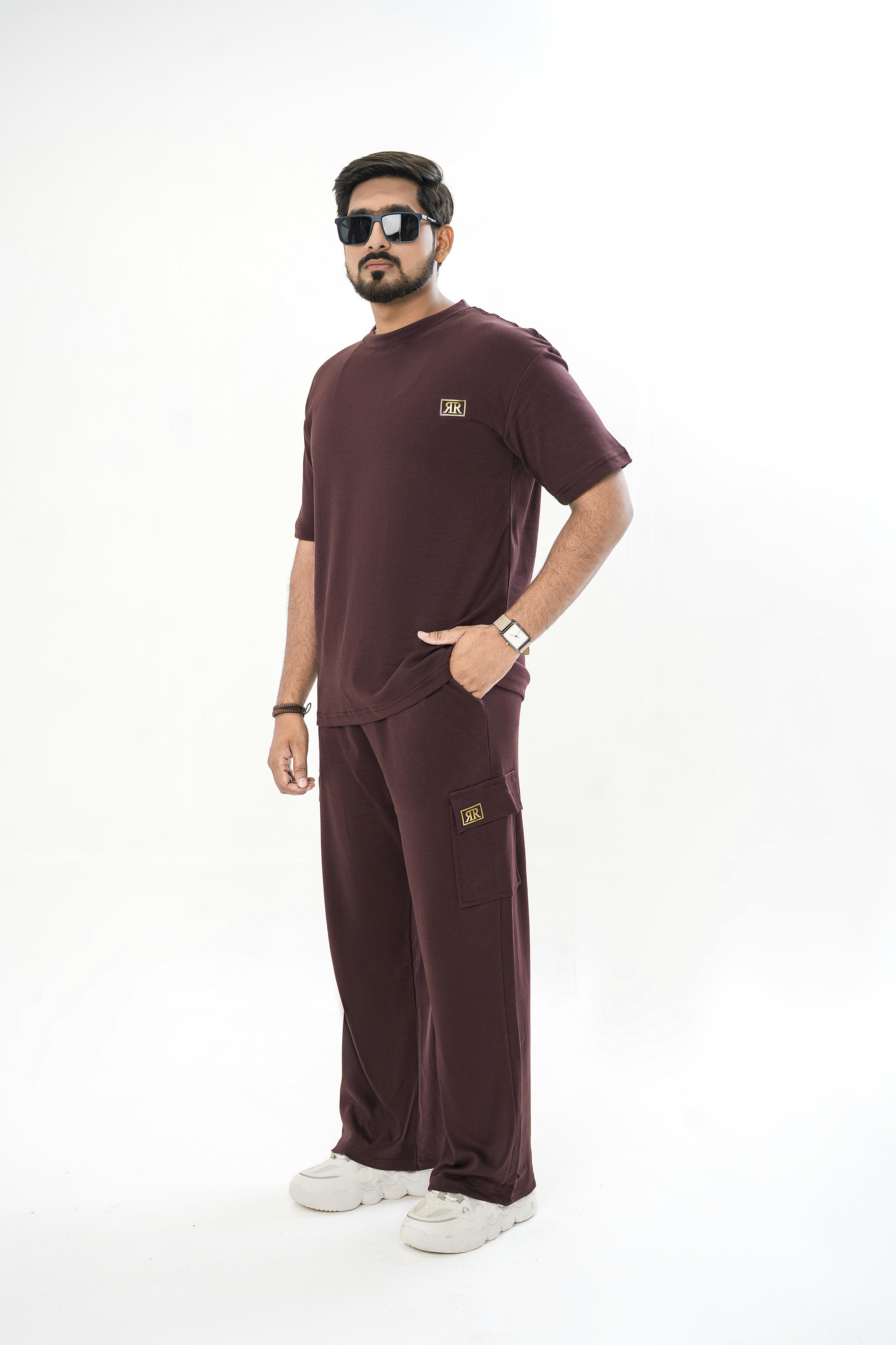 Men's Drop-Shoulder T-Shirt – Maroon with Front Logo
