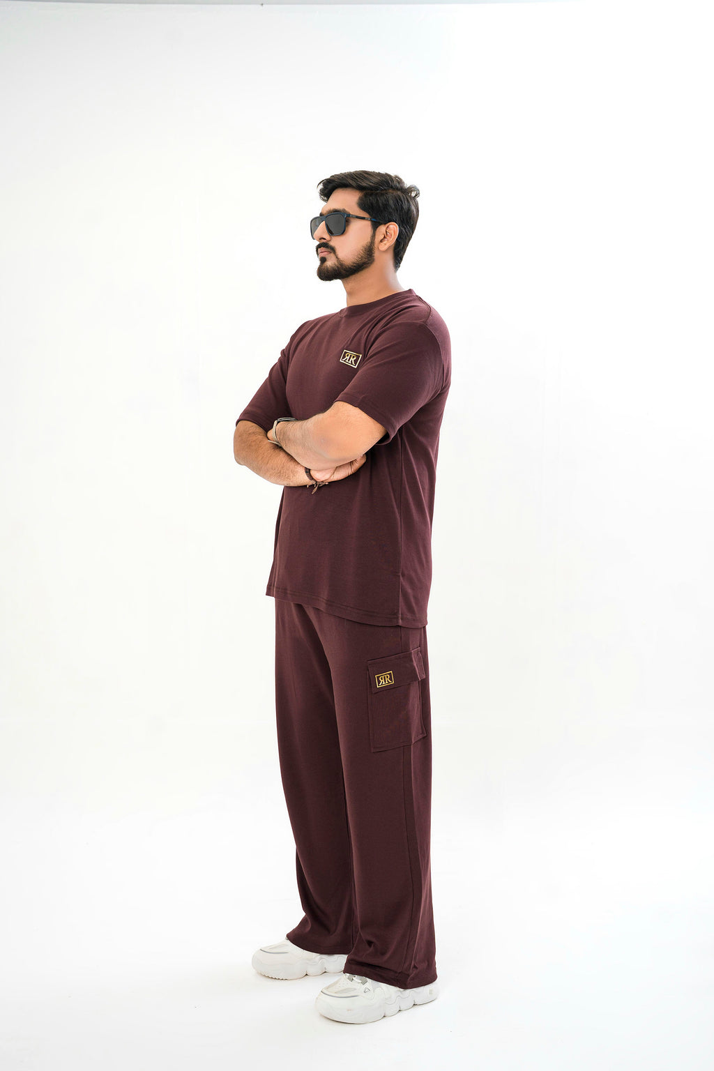 Men's Drop-Shoulder T-Shirt – Maroon with Front Logo