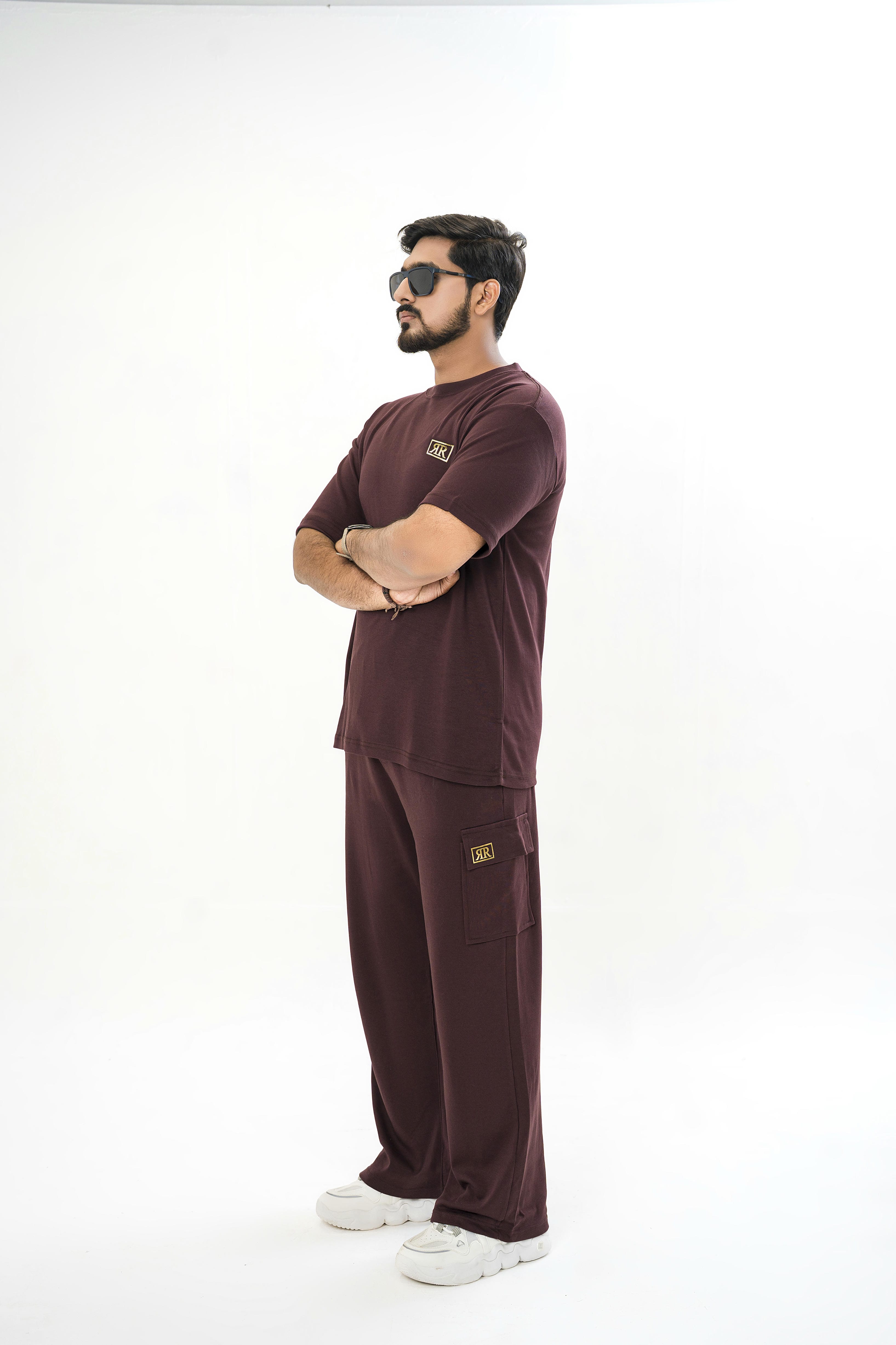 Men's Drop-Shoulder T-Shirt – Maroon with Front Logo