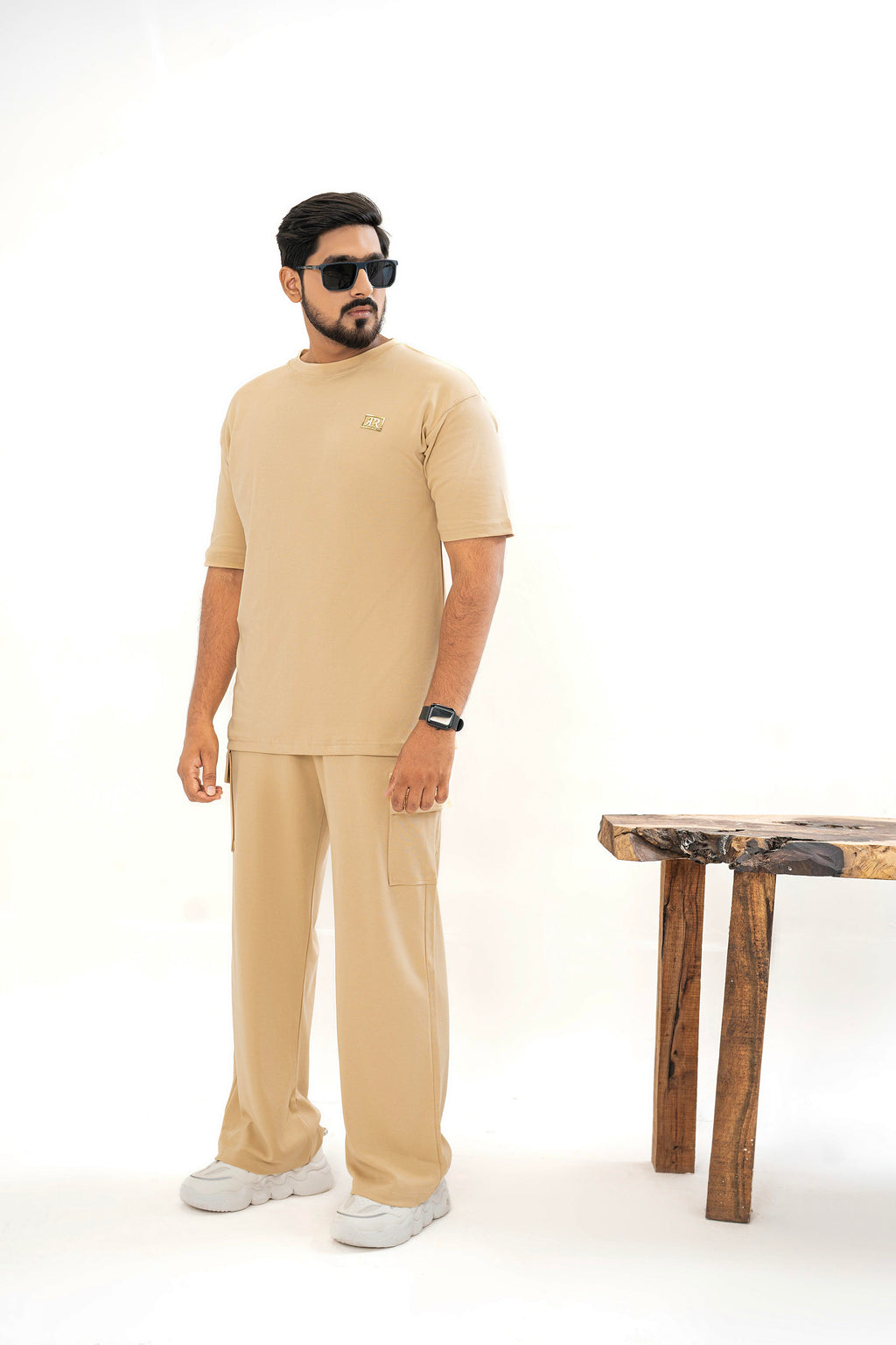 Men's Drop-Shoulder T-Shirt – Desert Sand with Front Logo