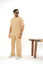 Men's Drop-Shoulder T-Shirt – Desert Sand with Front Logo