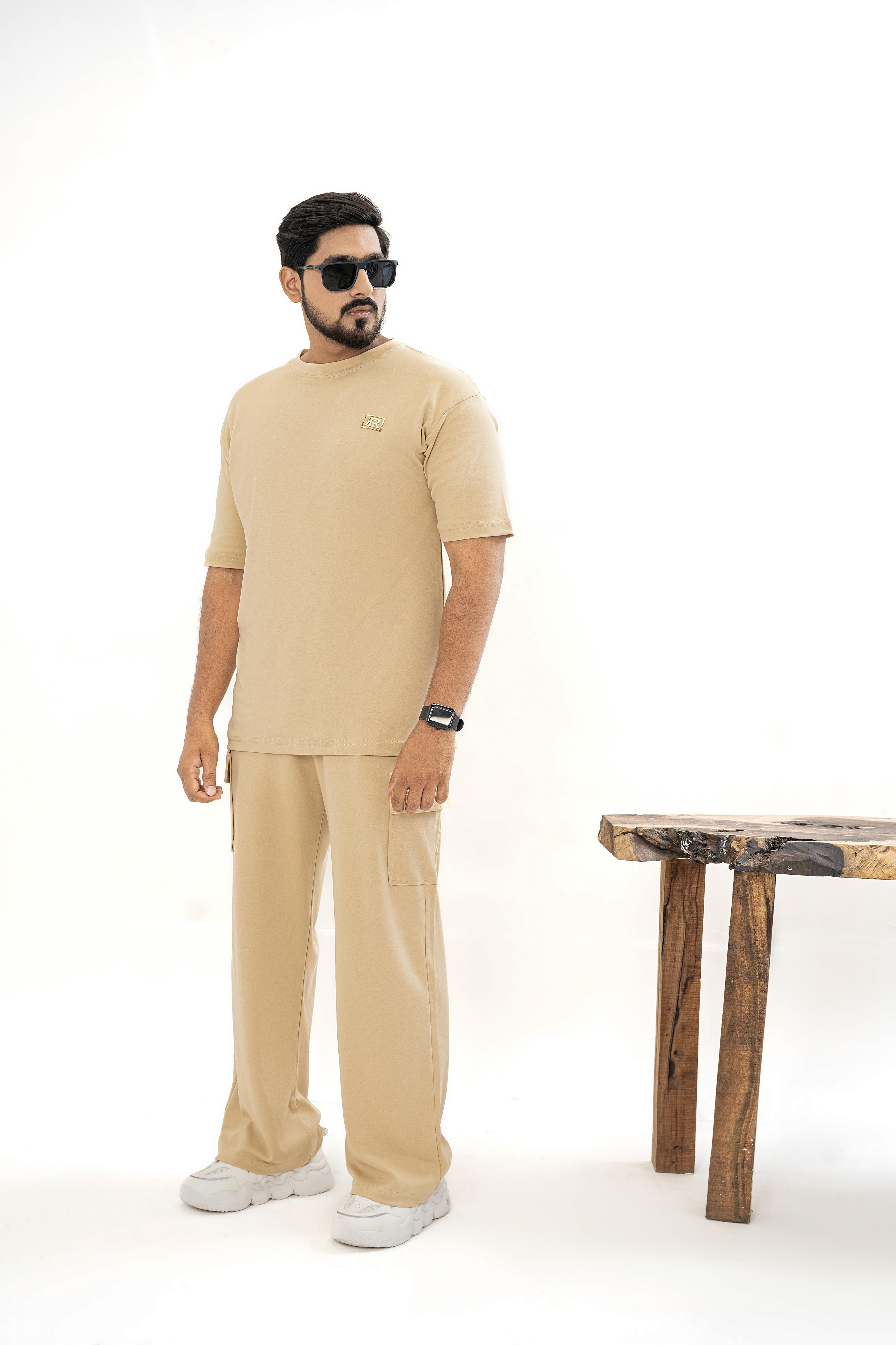 Men's Drop-Shoulder T-Shirt – Desert Sand with Front Logo
