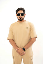 Men's Drop-Shoulder T-Shirt – Desert Sand with Front Logo