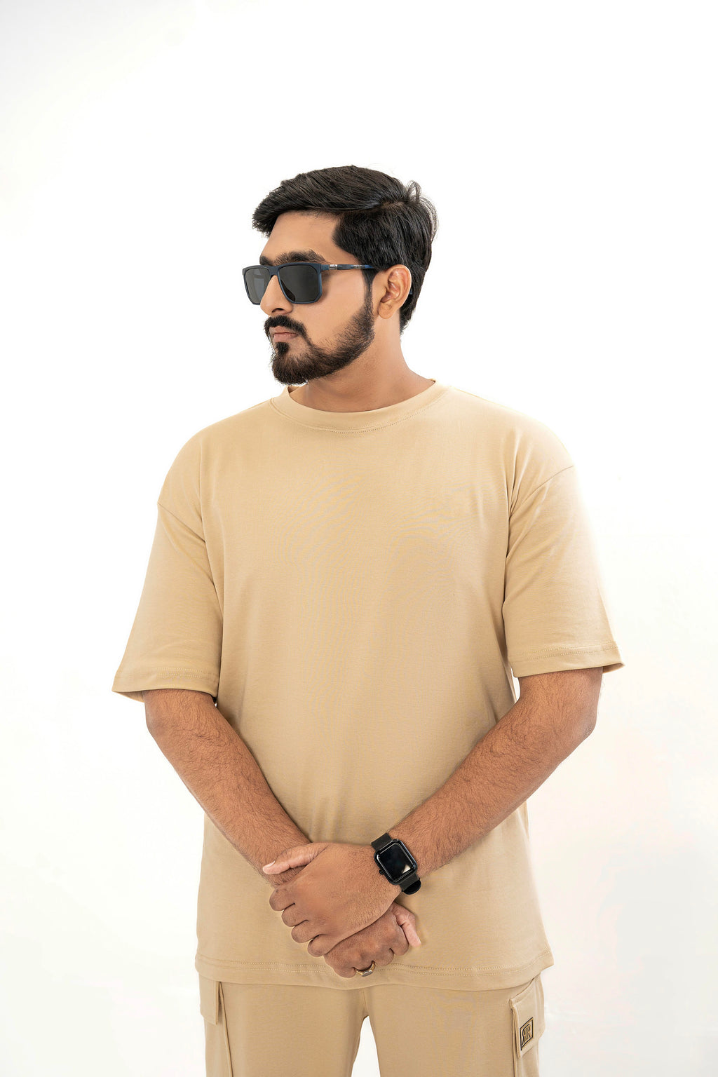 Men's Drop-Shoulder T-Shirt – Desert Sand with Back Logo