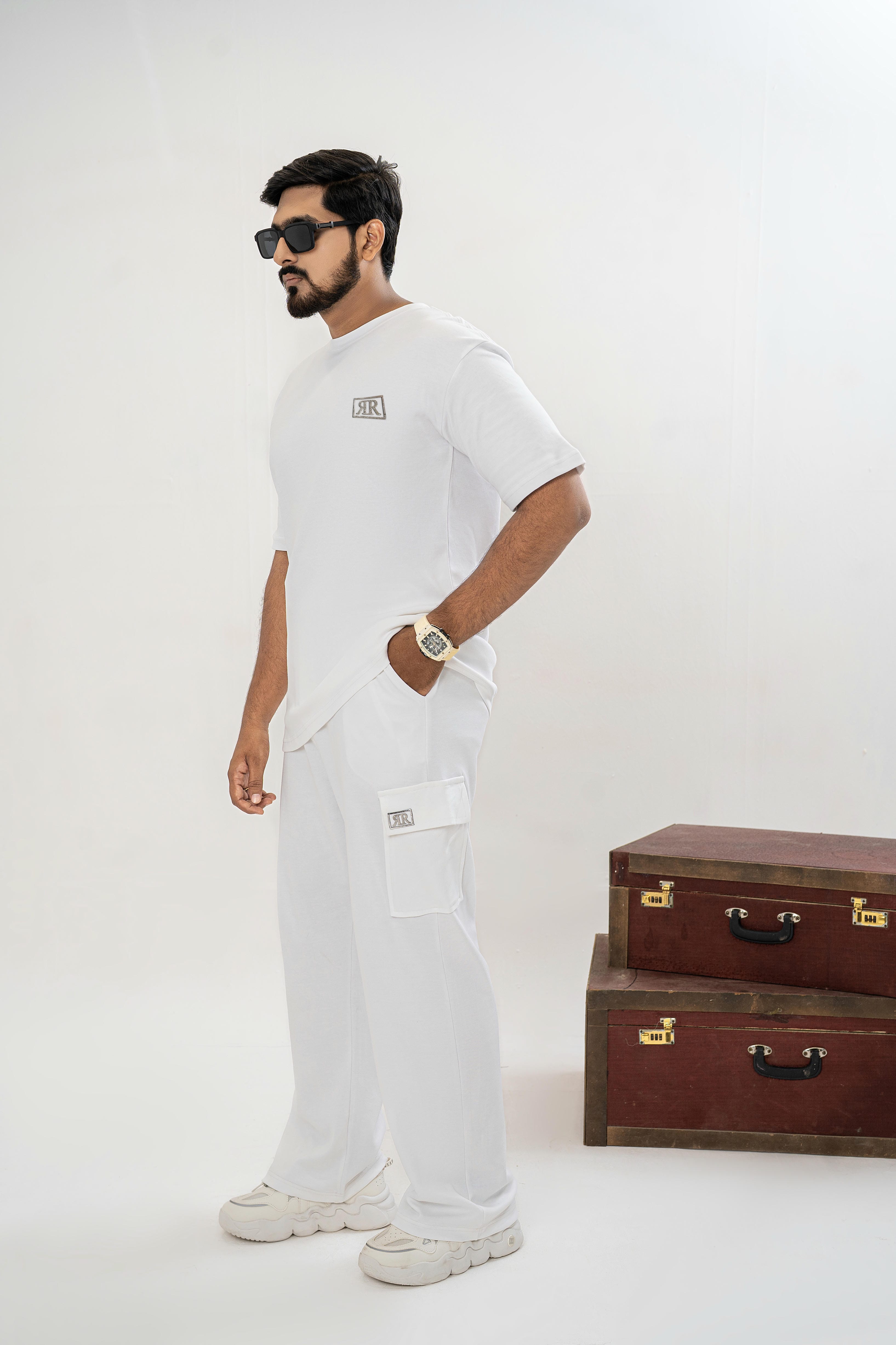 Men's Drop-Shoulder T-Shirt – WHITE with Front Logo Secondary image
