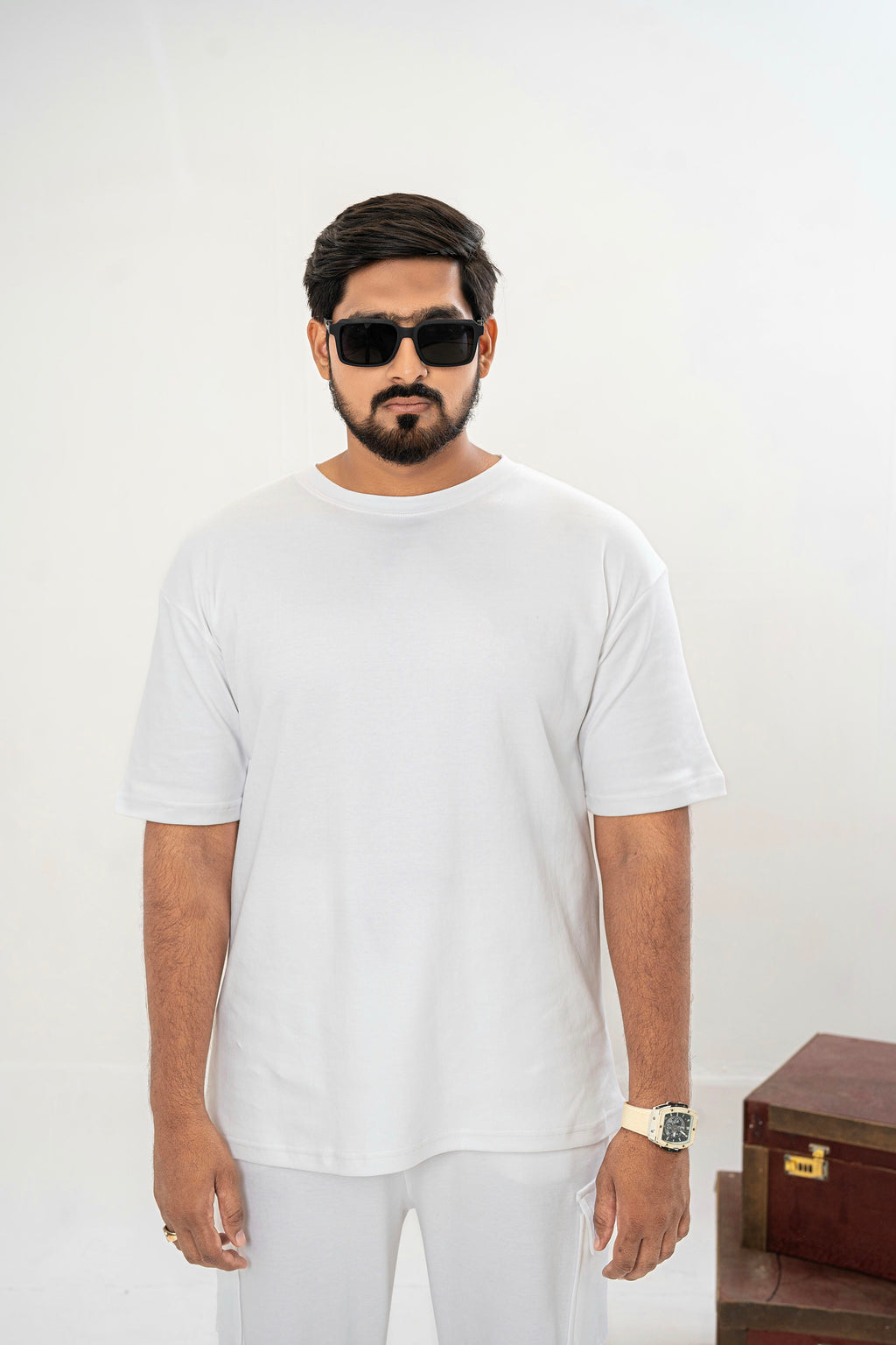 Men's Drop-Shoulder T-Shirt – WHITE with Back Logo