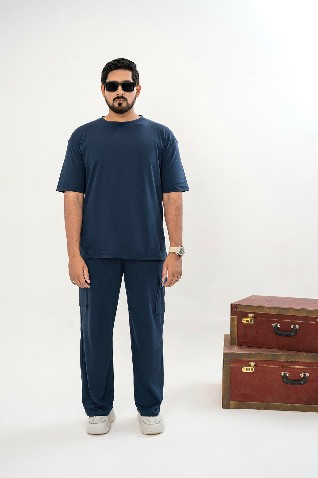 Men's Drop-Shoulder T-Shirt – Midnight Blue with Back Logo