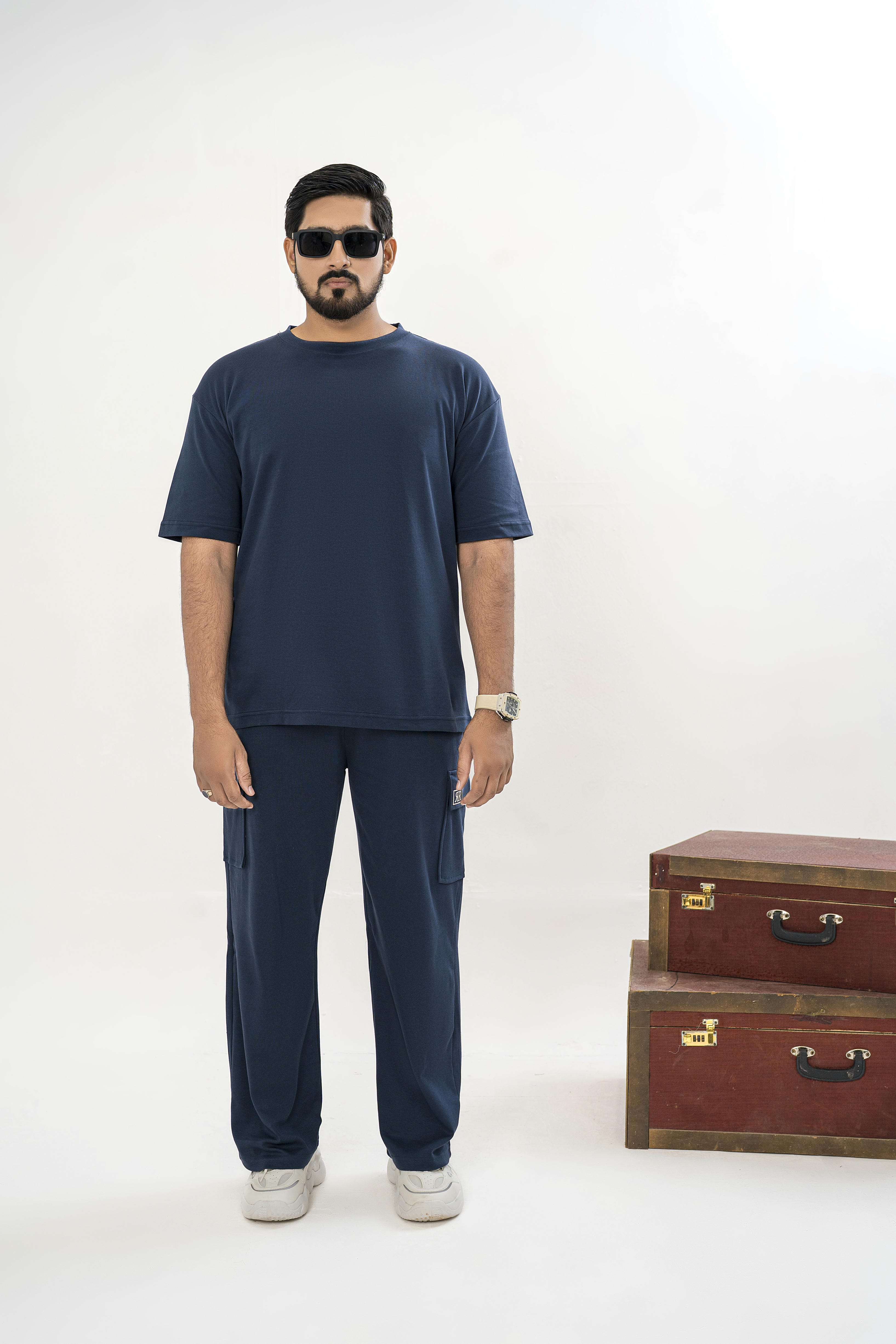 Men's Drop-Shoulder T-Shirt – Midnight Blue with Back Logo