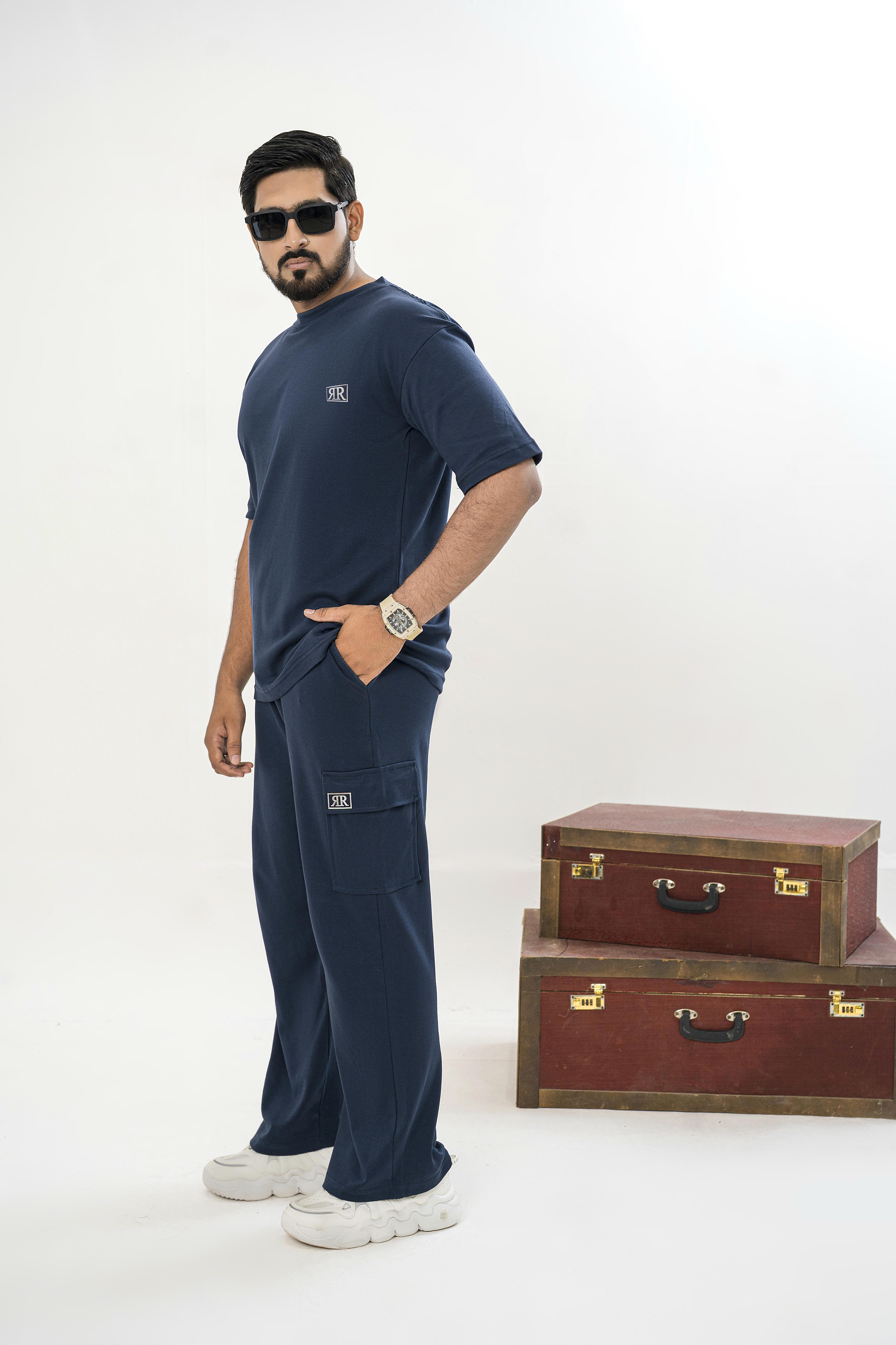 Men's Drop-Shoulder T-Shirt – Midnight Blue with Front Logo Main image