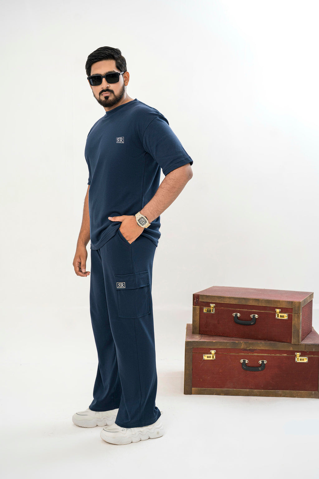 Men's Drop-Shoulder T-Shirt – Midnight Blue with Front Logo