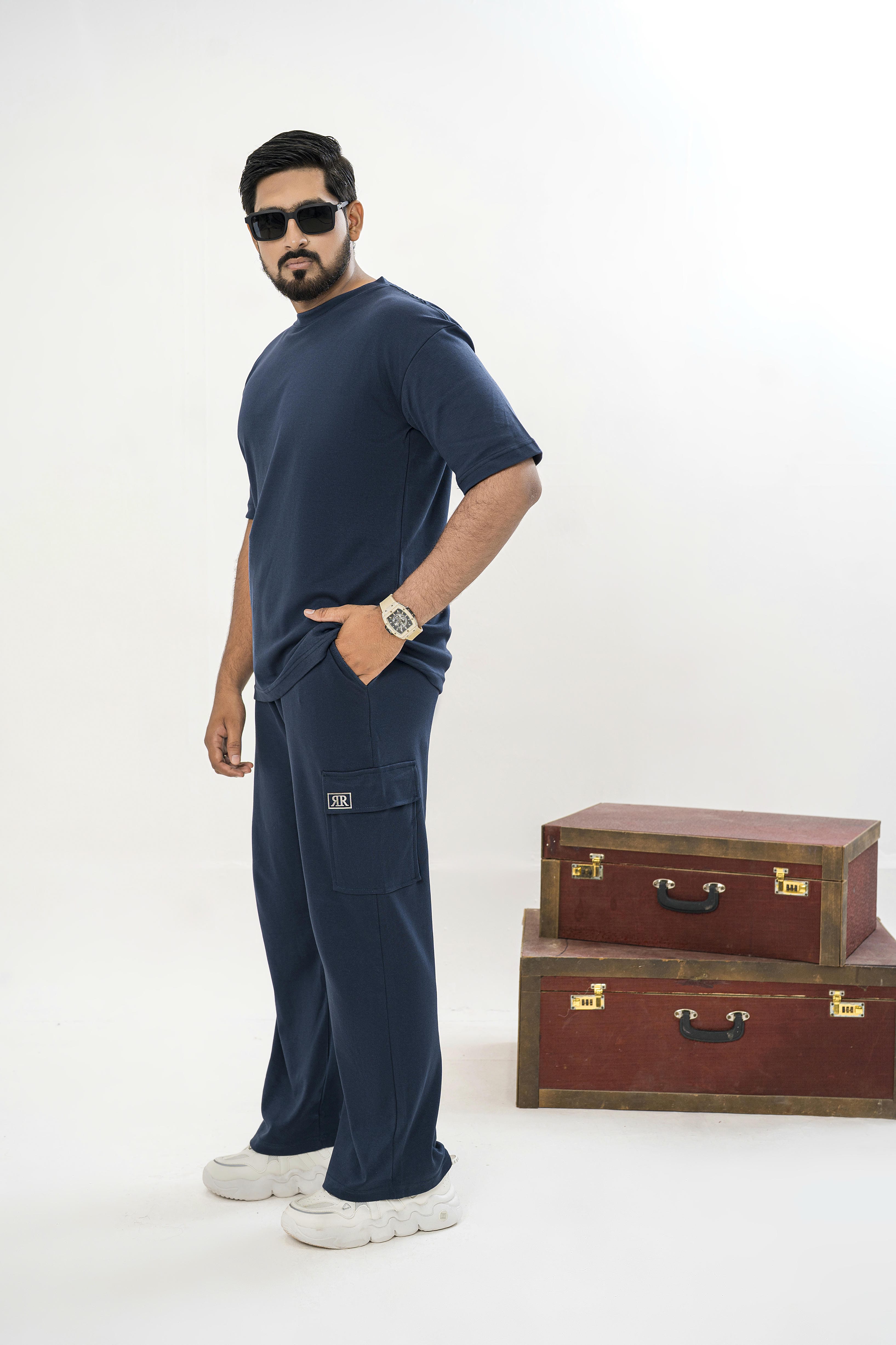 Men's Drop-Shoulder T-Shirt – Midnight Blue with Back Logo