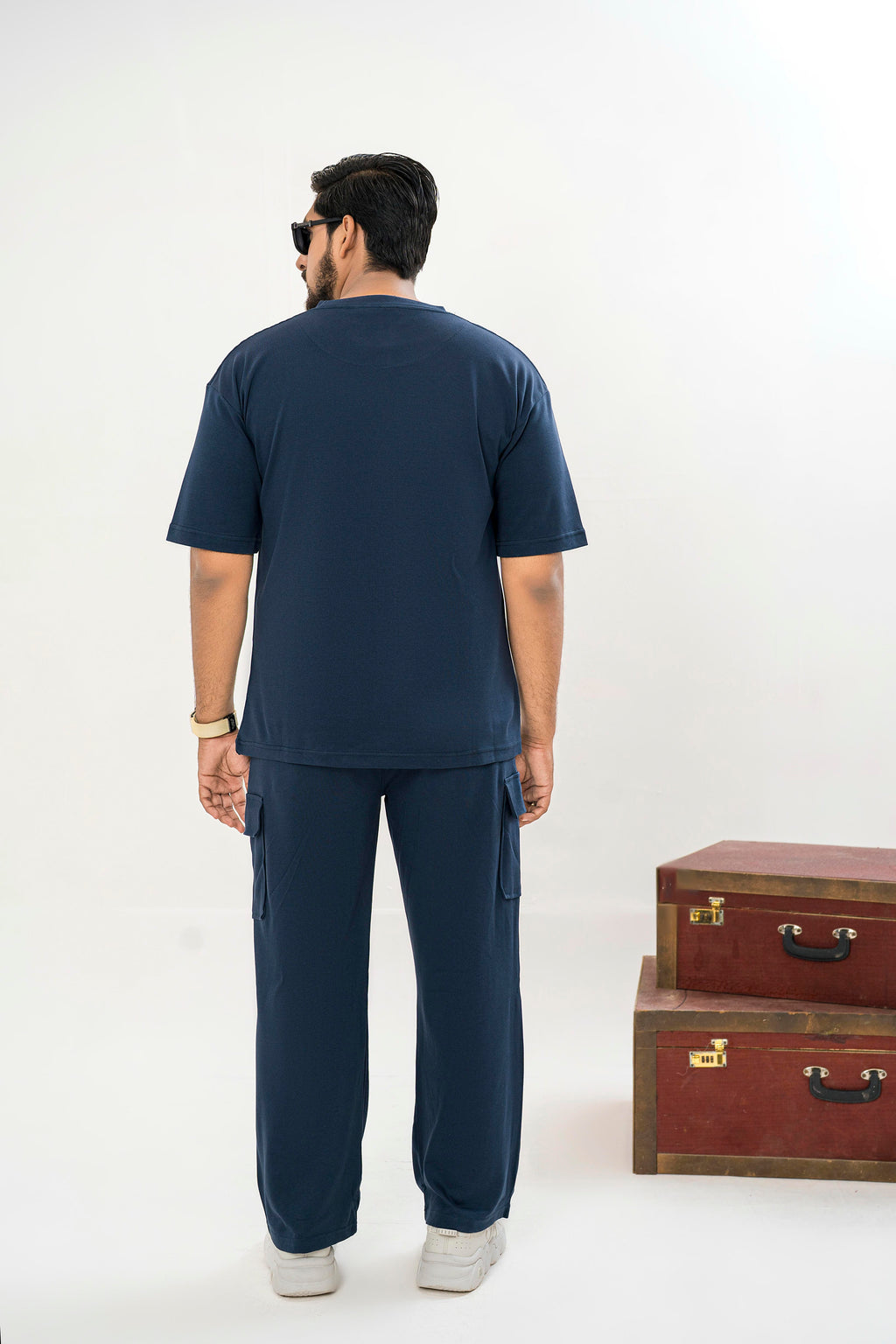 Men's Drop-Shoulder T-Shirt – Midnight Blue with Front Logo