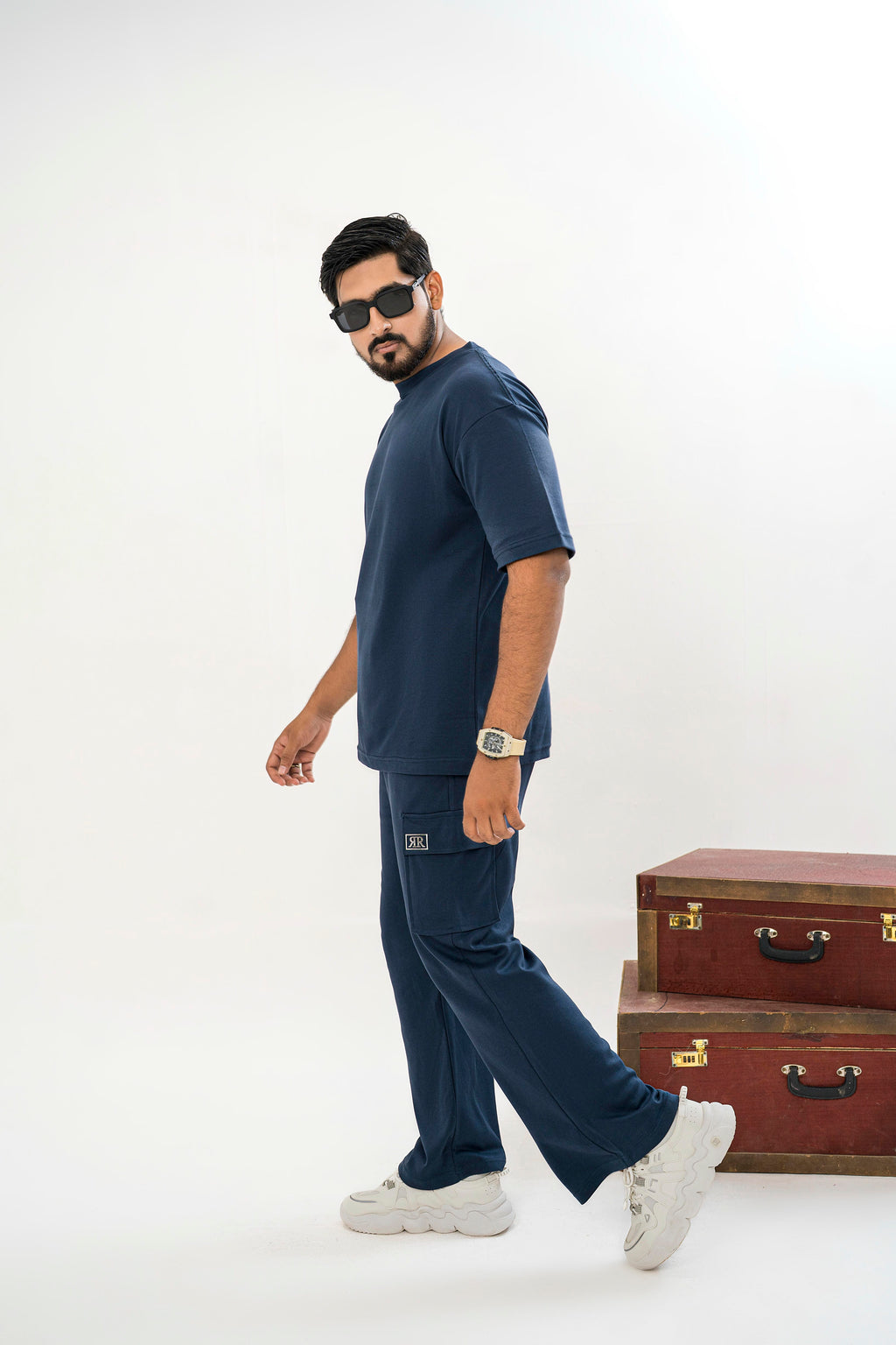 Men's Drop-Shoulder T-Shirt – Midnight Blue with Front Logo