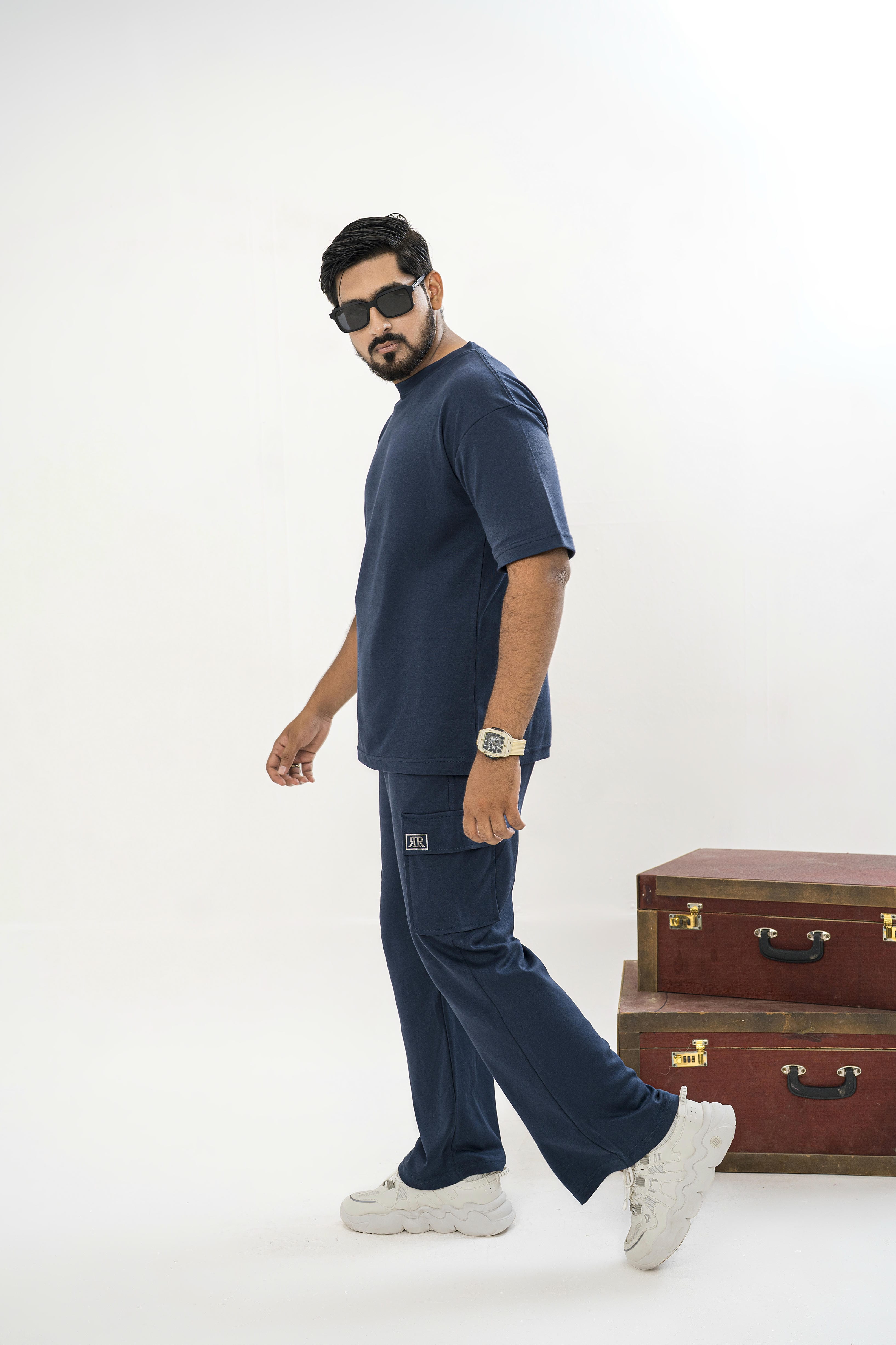 Men's Drop-Shoulder T-Shirt – Midnight Blue with Front Logo