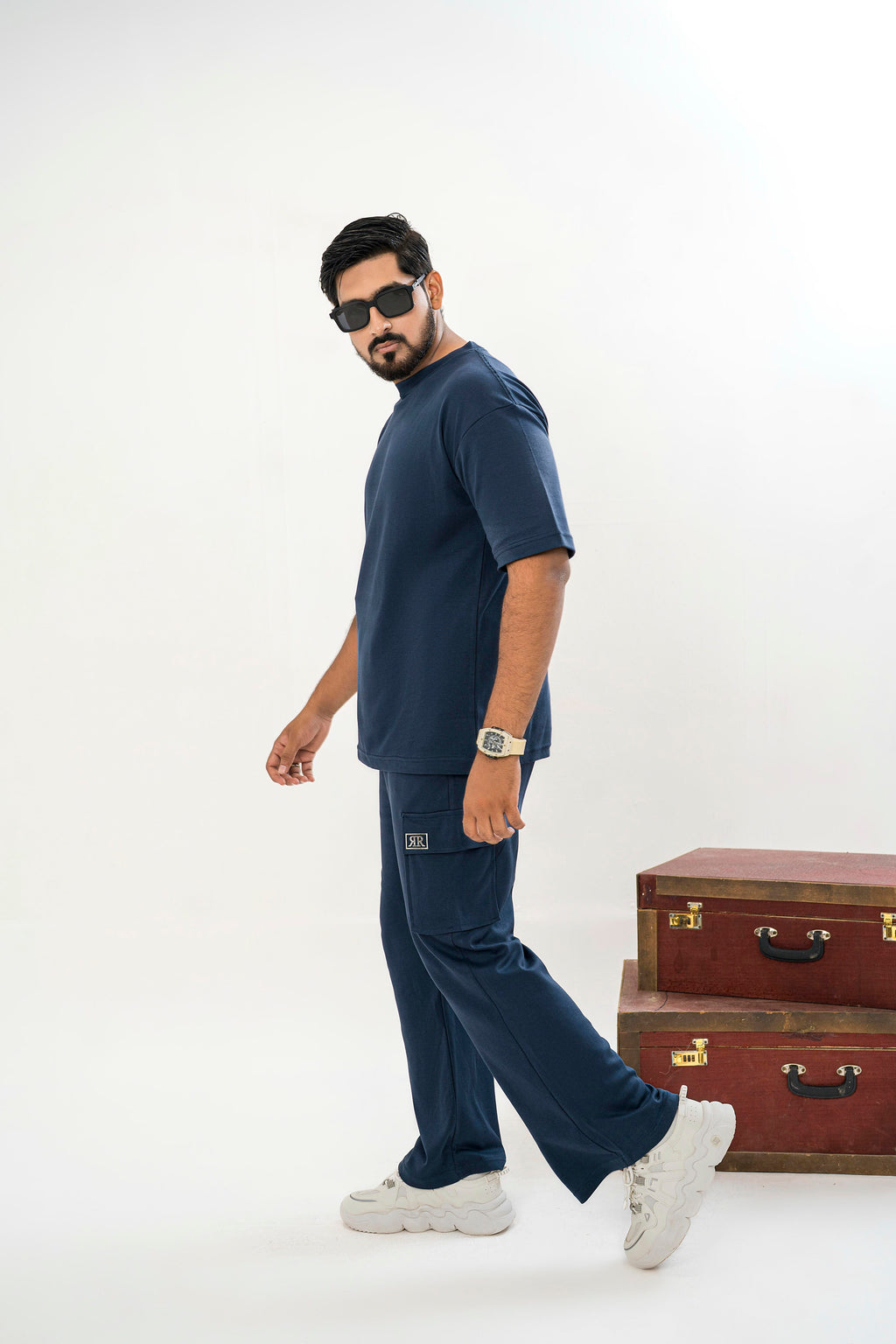 Men's Drop-Shoulder T-Shirt – Midnight Blue with Back Logo