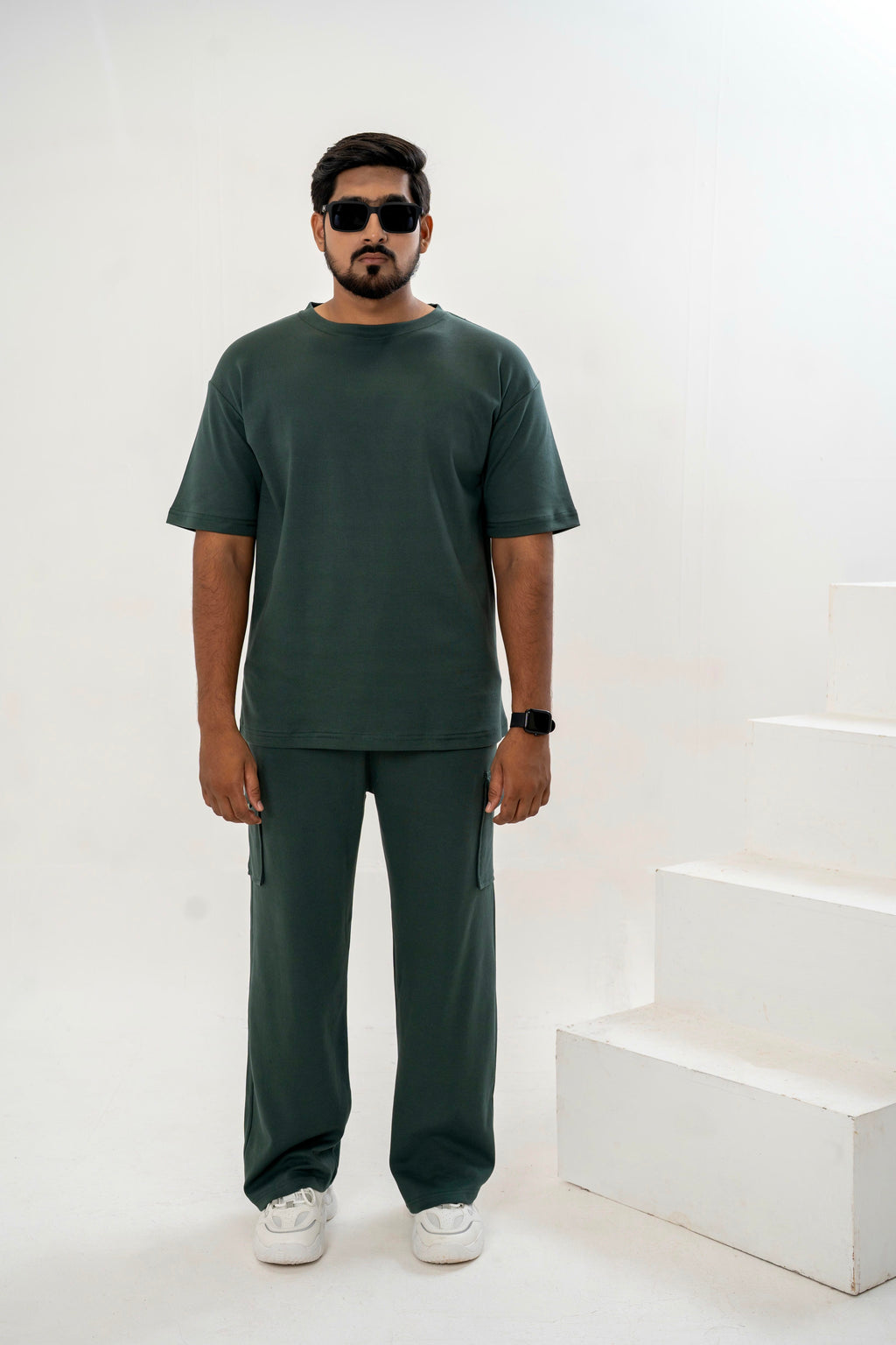 Men's Drop-Shoulder T-Shirt – Forest Green with Back Logo