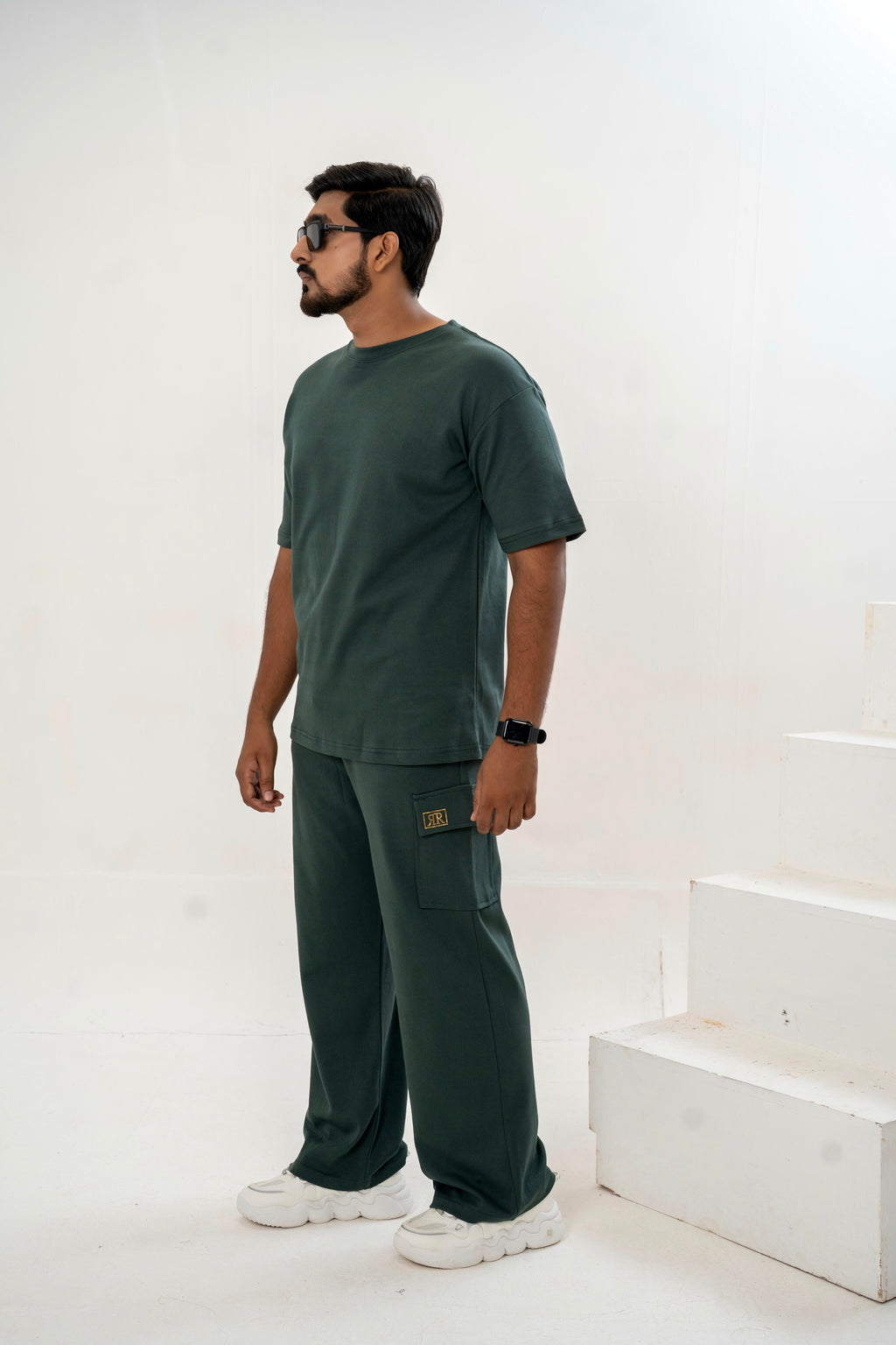 Men's Drop-Shoulder T-Shirt – Forest Green with Back Logo