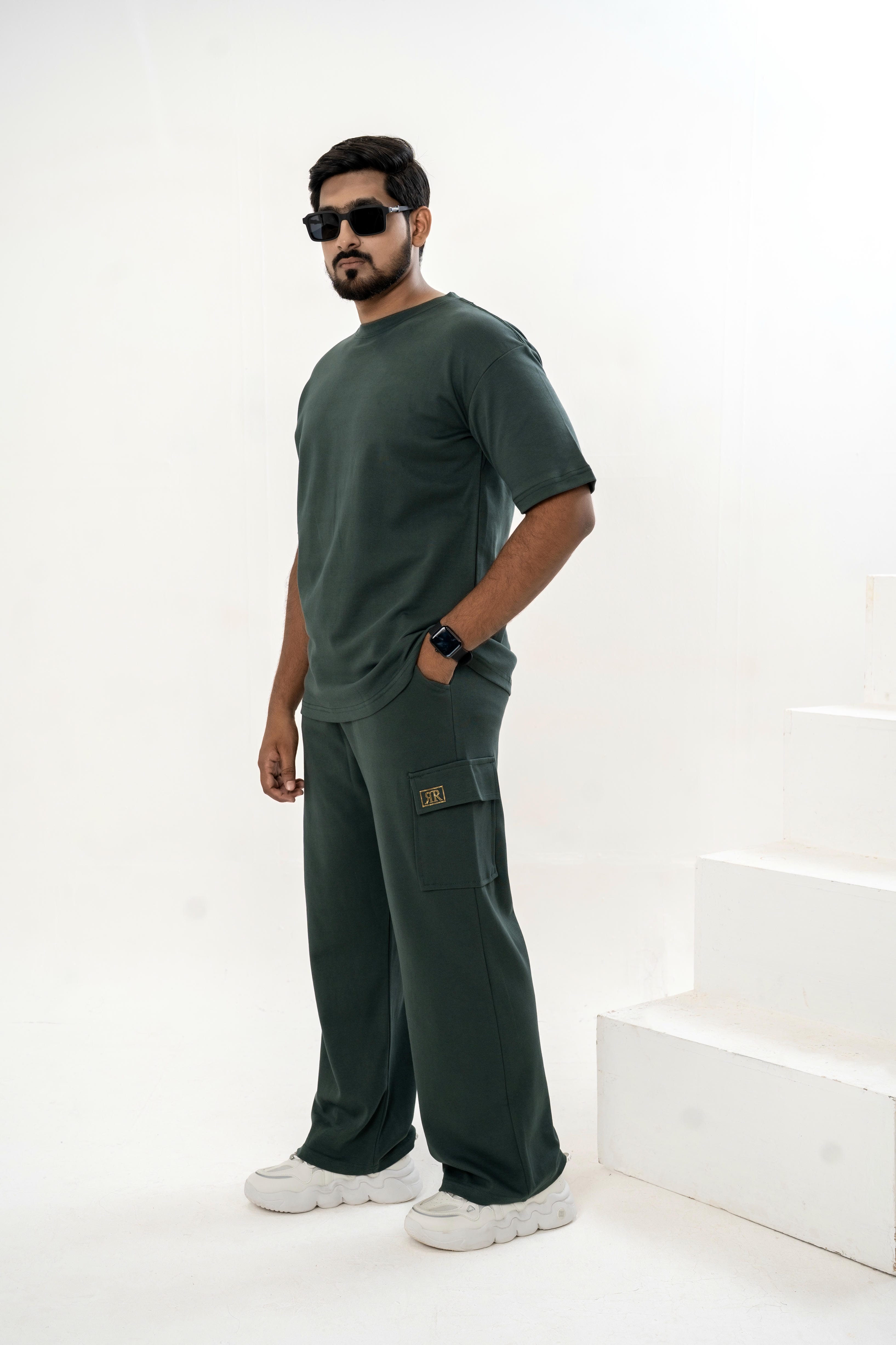 Men's Drop-Shoulder T-Shirt – Forest Green with Back Logo