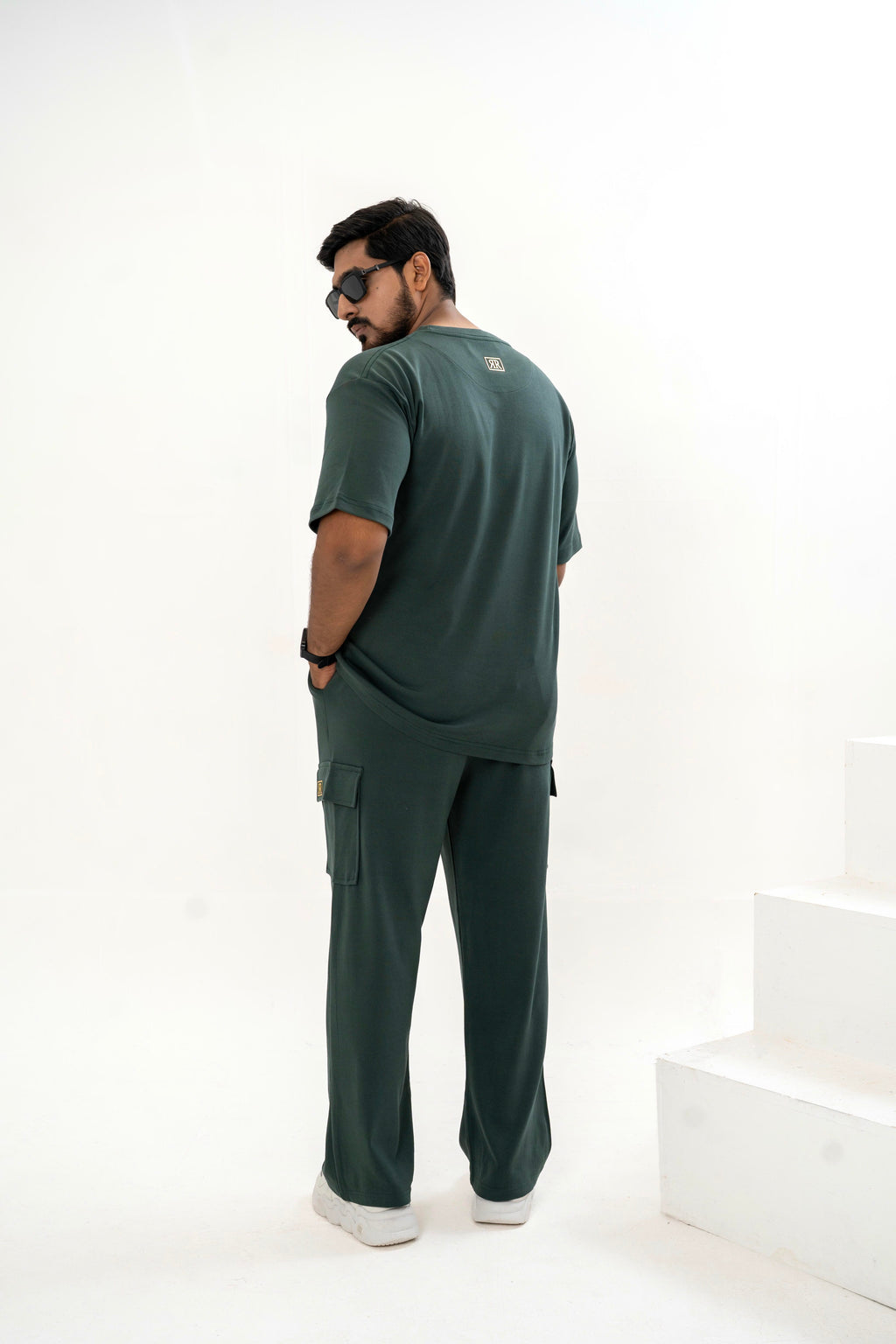 Men's Drop-Shoulder T-Shirt – Forest Green with Back Logo