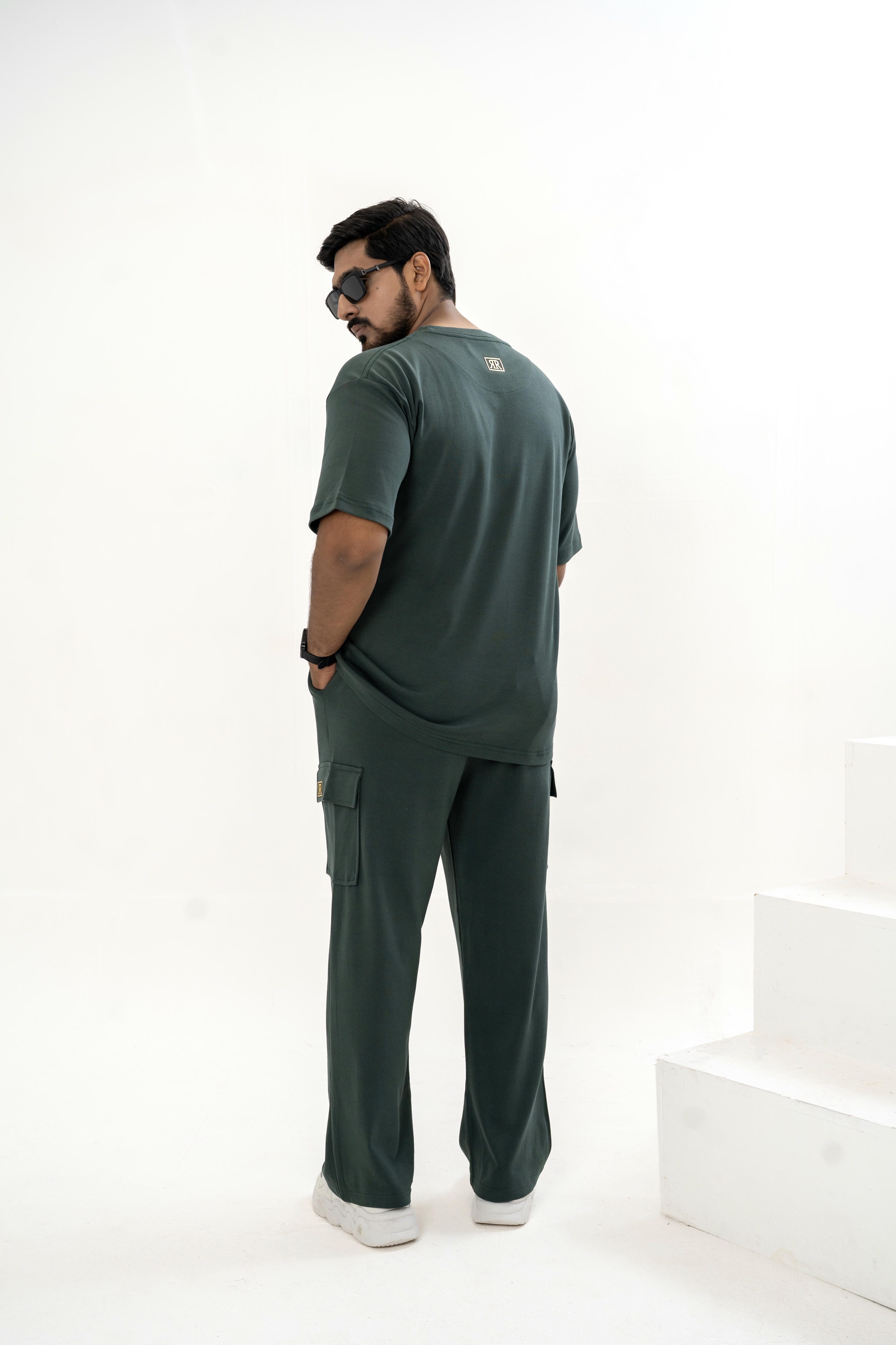 Men's Drop-Shoulder T-Shirt – Forest Green with Back Logo