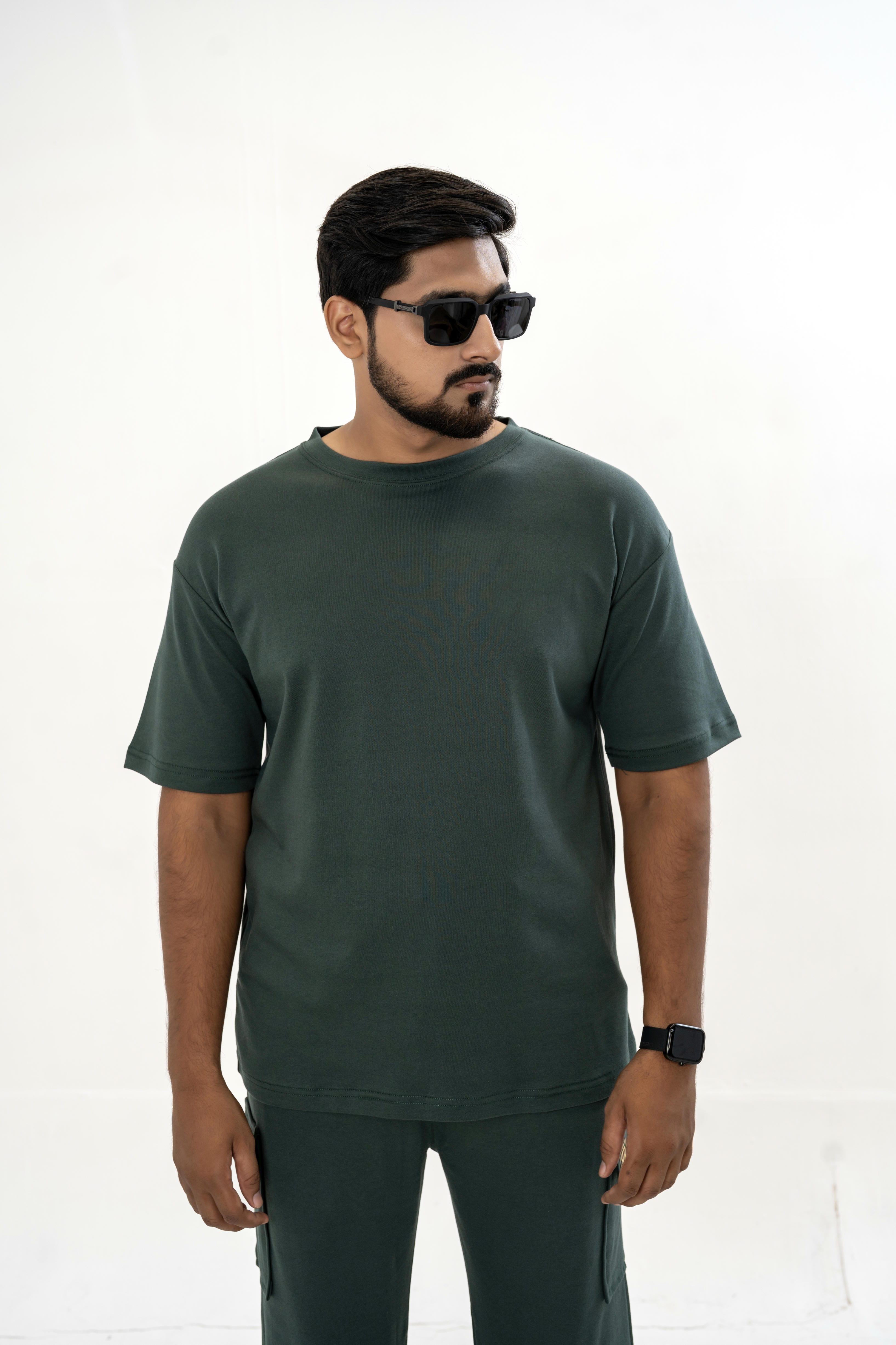 Men's Drop-Shoulder T-Shirt – Forest Green with Back Logo